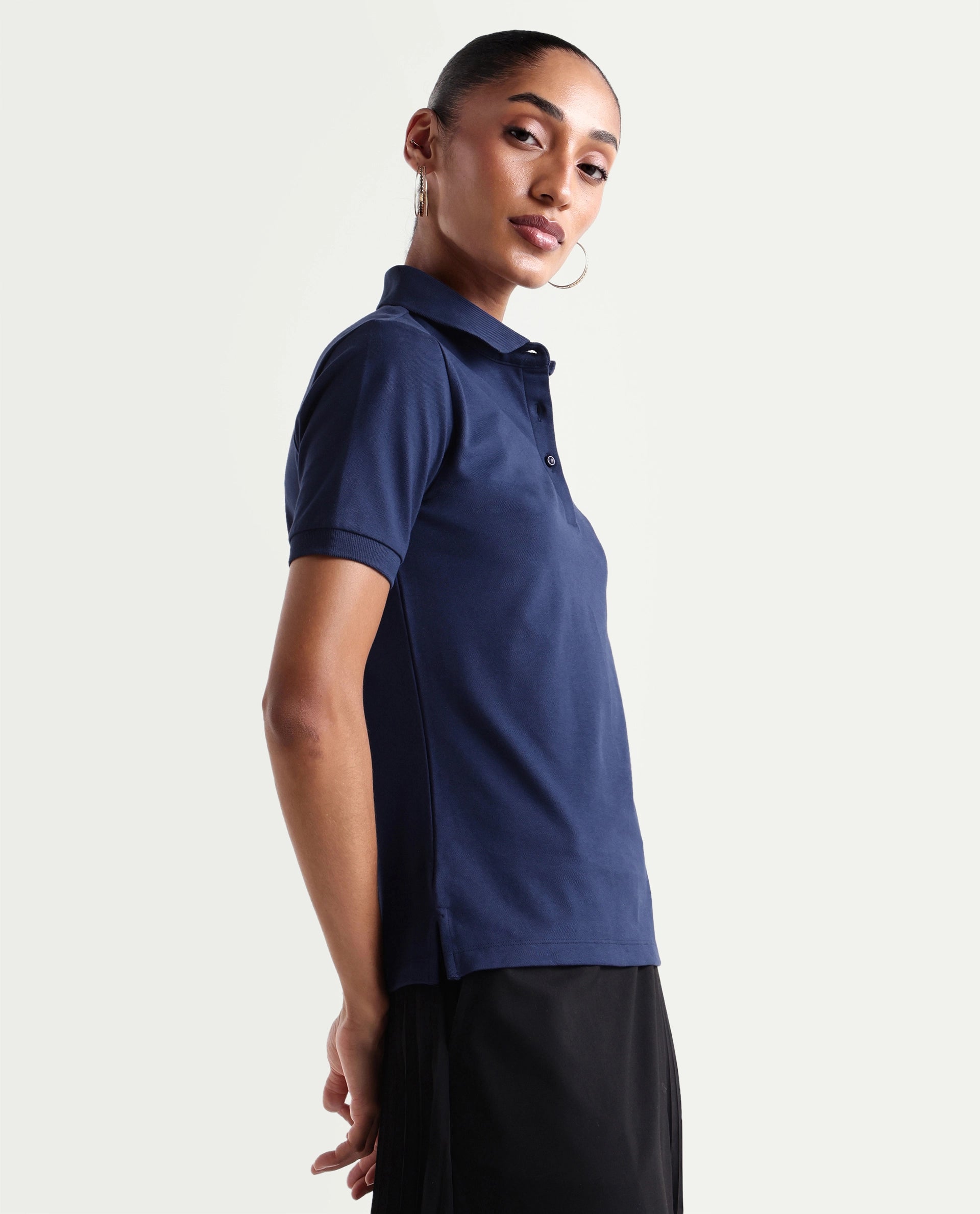 Rareism Women's Basic Rr-Corp-Elane Navy Cotton CollaredRegular Plain Polo