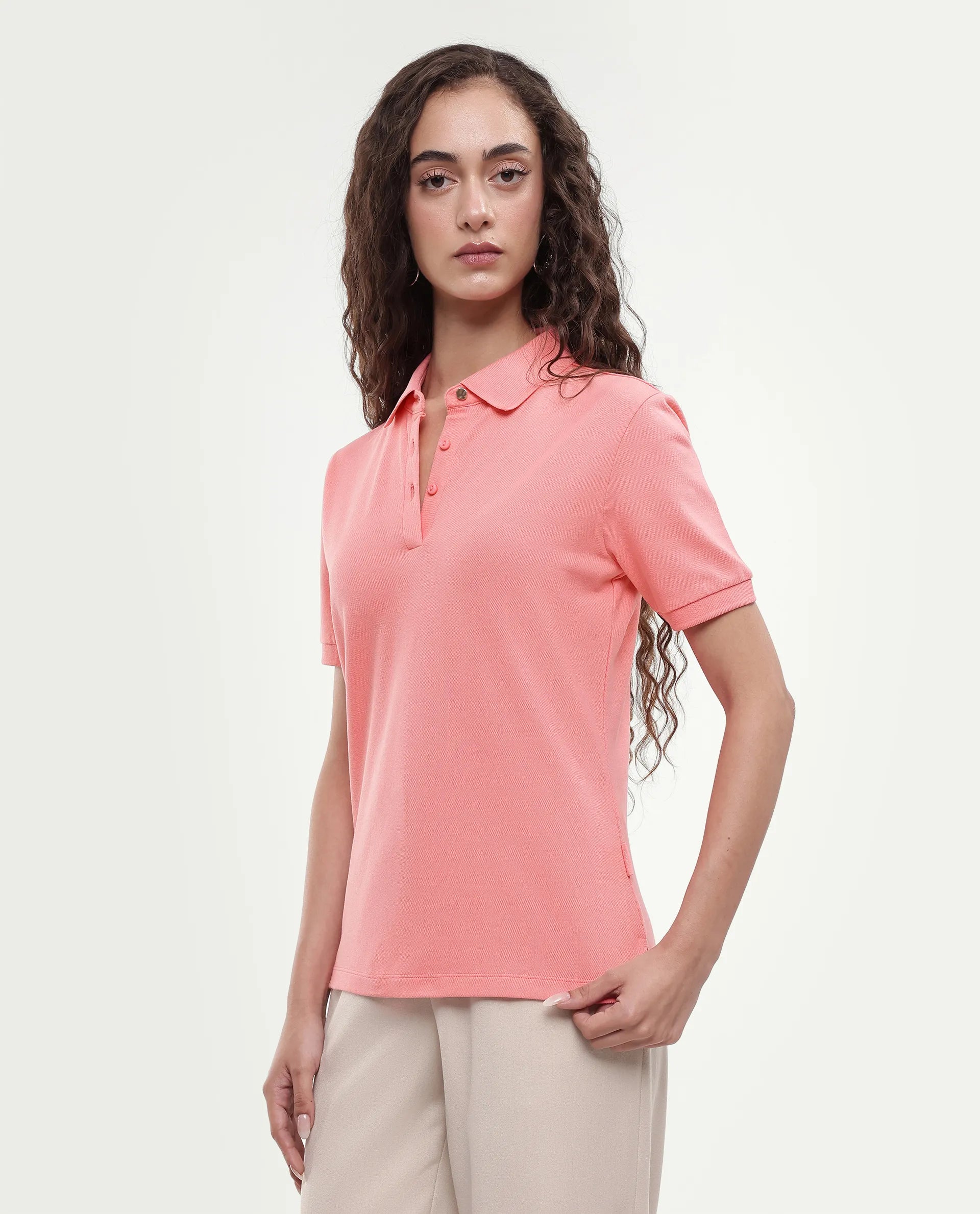 Rareism Women's Basic Rr-Corp-Elane Peach Cotton Blend Collar Regular Plain Polo