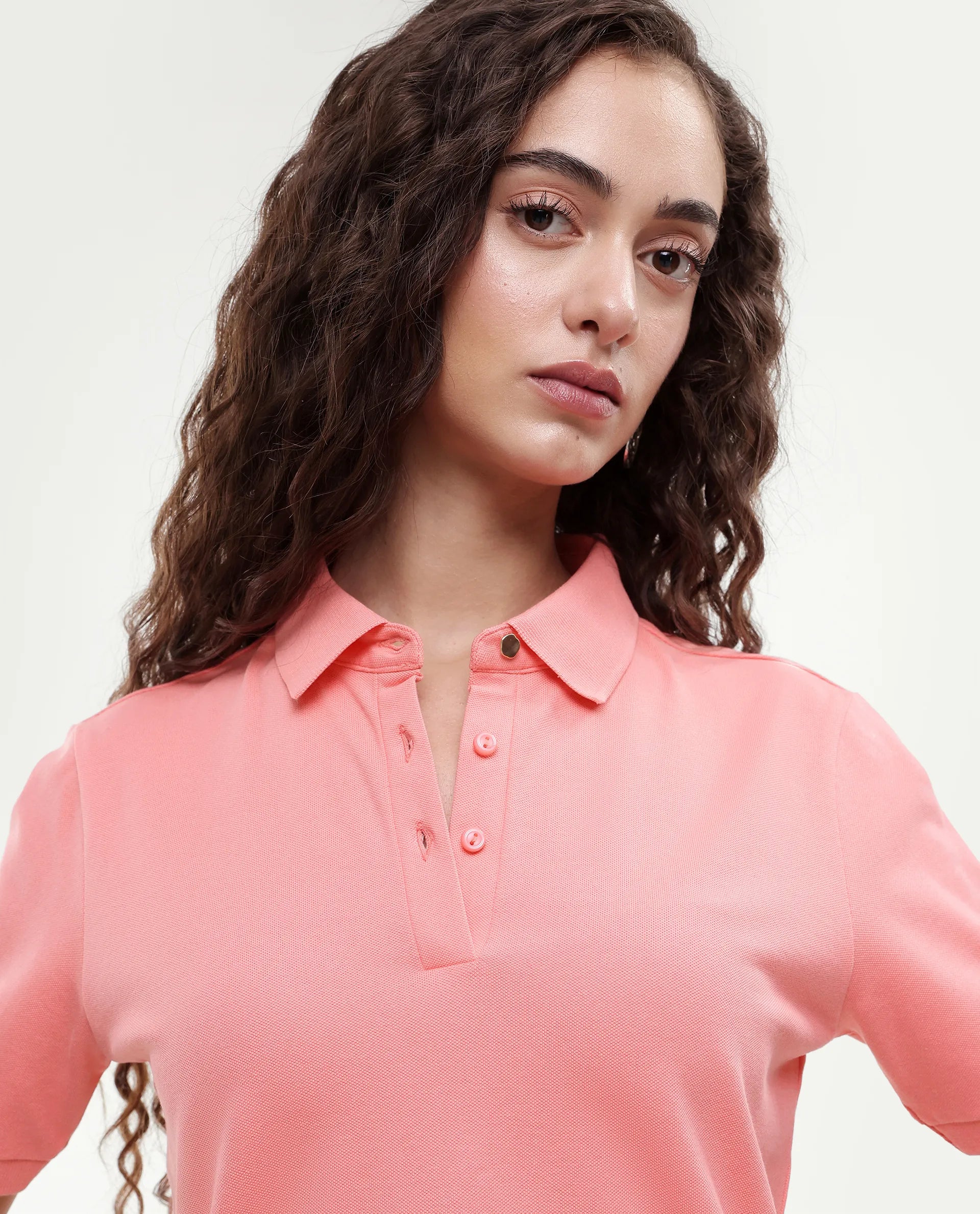 Rareism Women's Basic Rr-Corp-Elane Peach Cotton Blend Collar Regular Plain Polo
