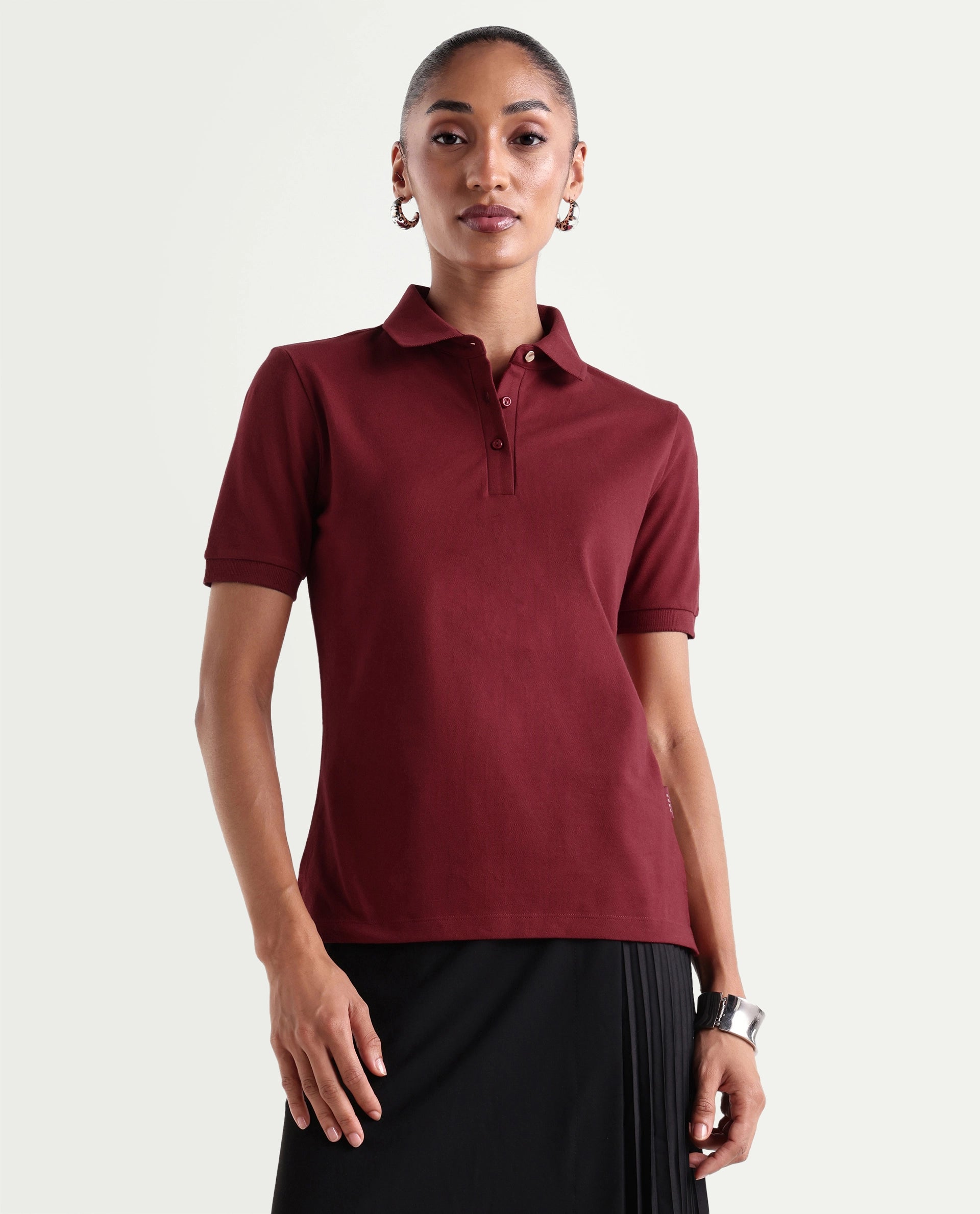 Rareism Women's Basic Rr-Corp-Elane Dark Red Cotton CollaredRegular Plain Polo