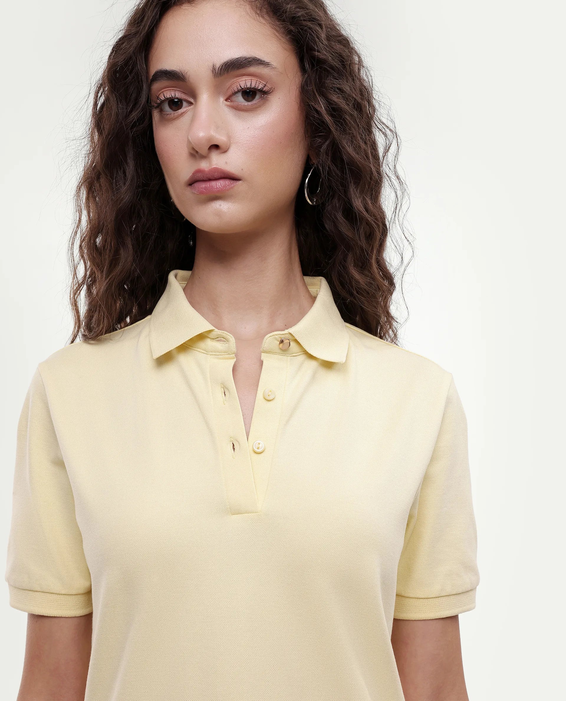 Rareism Women's Basic Rr-Corp-Elane Light Yellow Cotton CollaredRegular Plain Polo