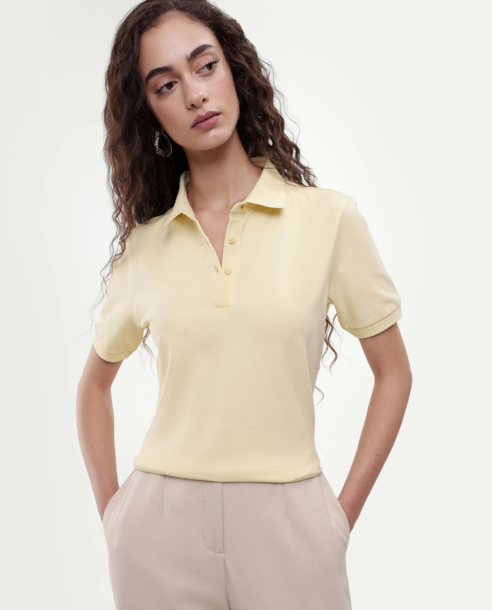 Rareism Women's Basic Rr-Corp-Elane Light Yellow Cotton CollaredRegular Plain Polo