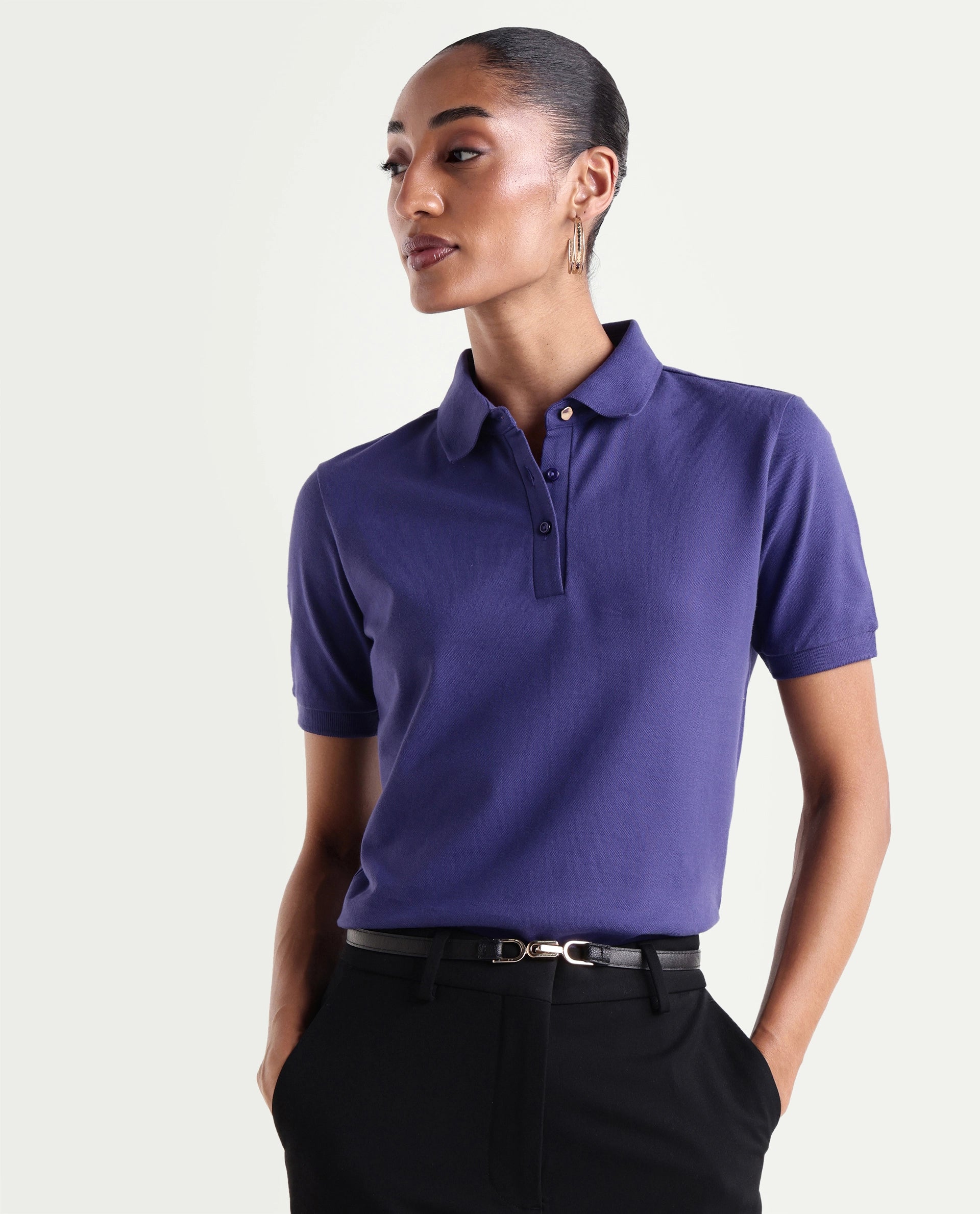 Rareism Women's Basic Rr-Corp-Elane Purple Cotton CollaredRegular Plain Polo