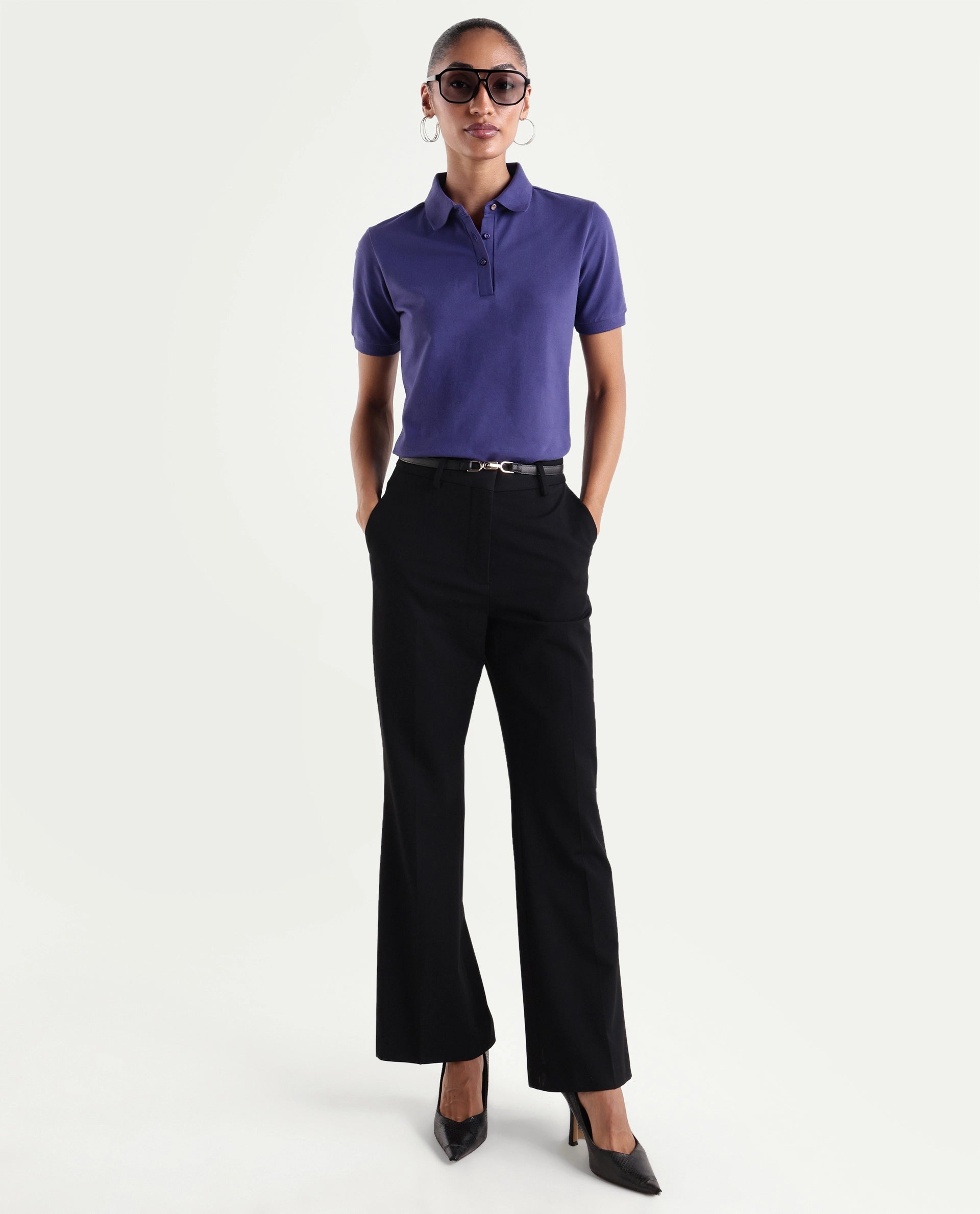 Rareism Women's Basic Rr-Corp-Elane Purple Cotton CollaredRegular Plain Polo