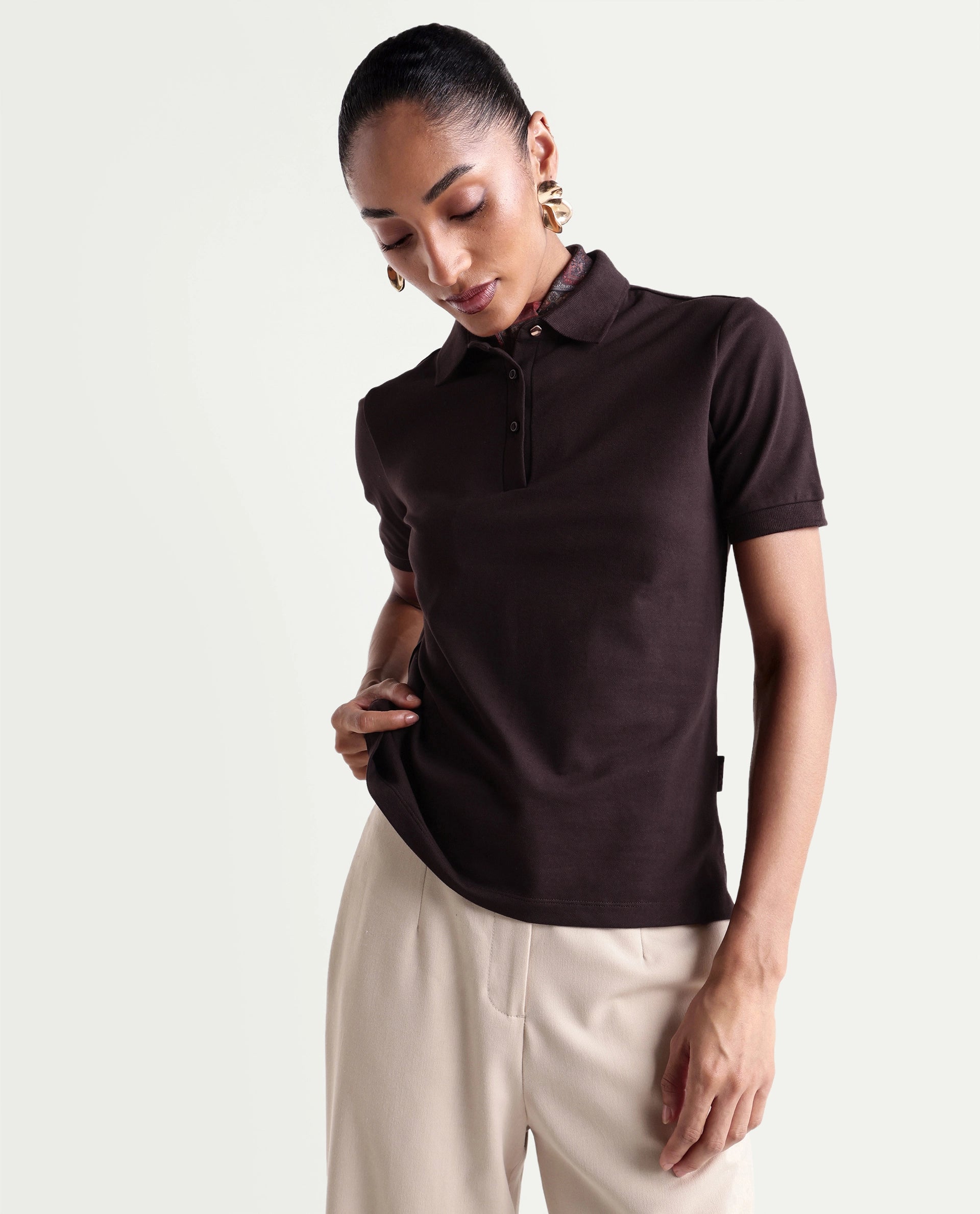Rareism Women's Basic Rr-Corp-Elane Dark Brown Cotton Blend Collar Regular Plain Polo