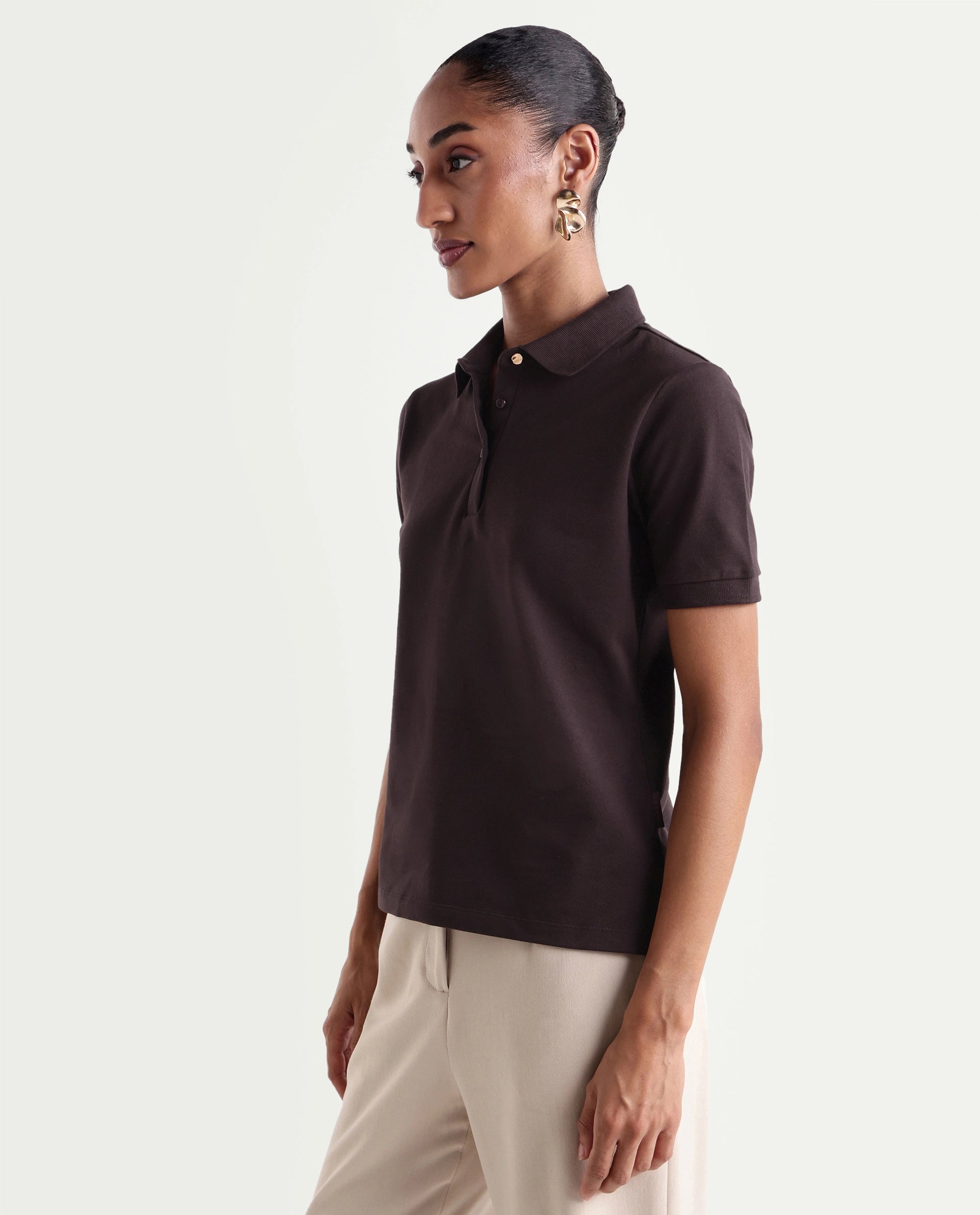 Rareism Women's Basic Rr-Corp-Elane Dark Brown Cotton Blend Collar Regular Plain Polo