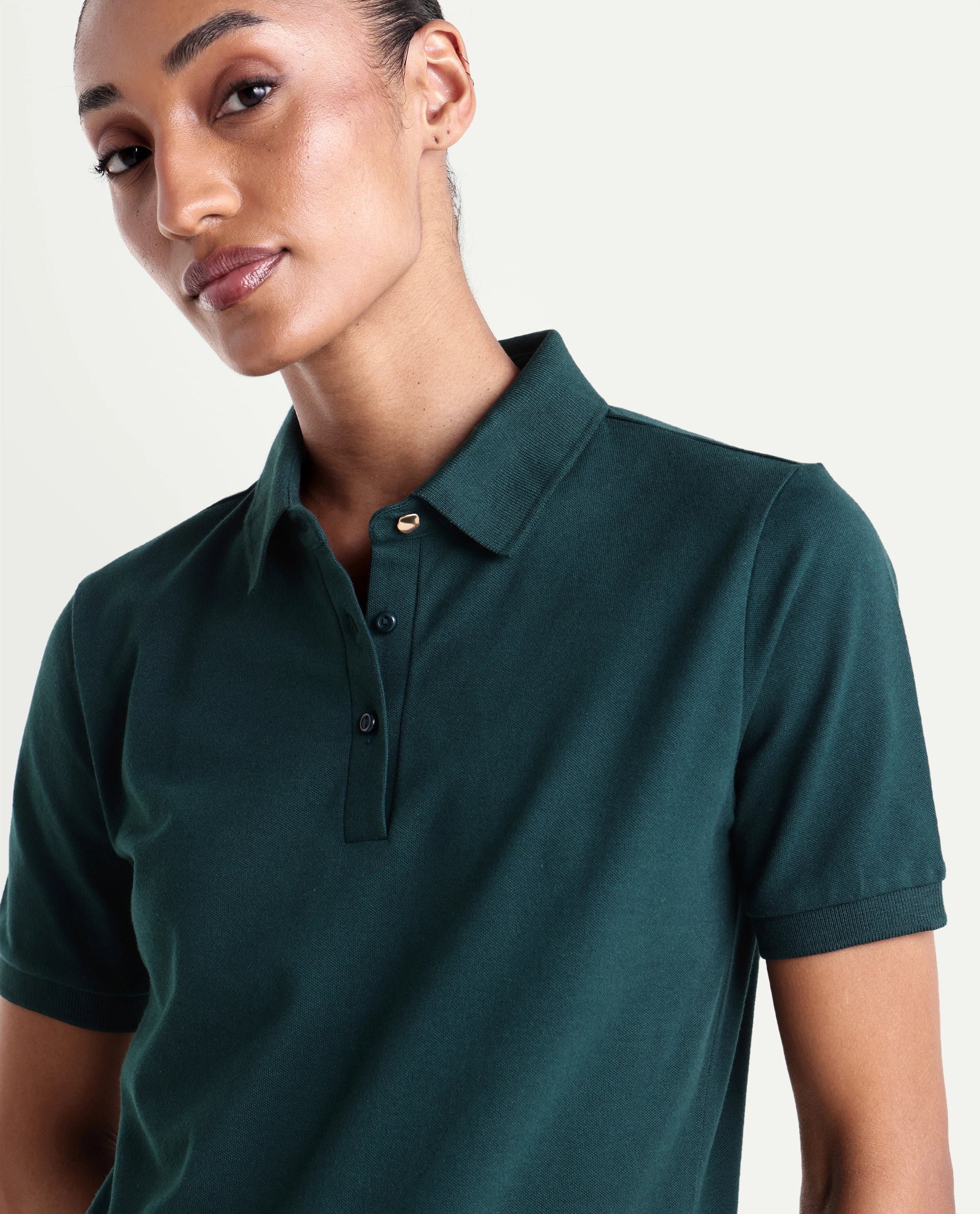 Rareism Women's Basic Rr-Corp-Elane Dark Green Cotton CollaredRegular Plain Polo
