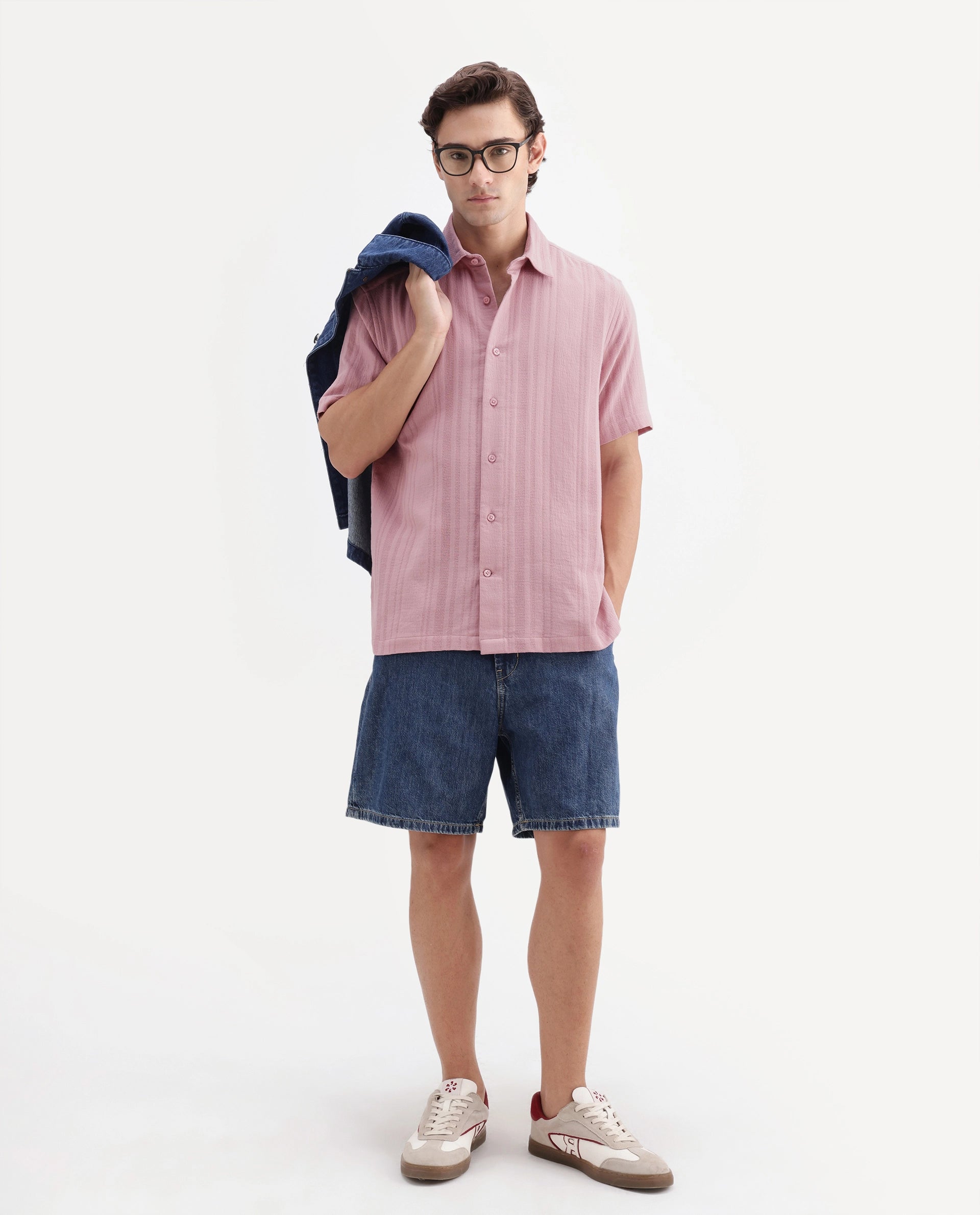 Rare Rabbit Men's Fivo Dusky Pink Cotton Fabric Half Sleeve Collared Regular Fit Striped Shirt