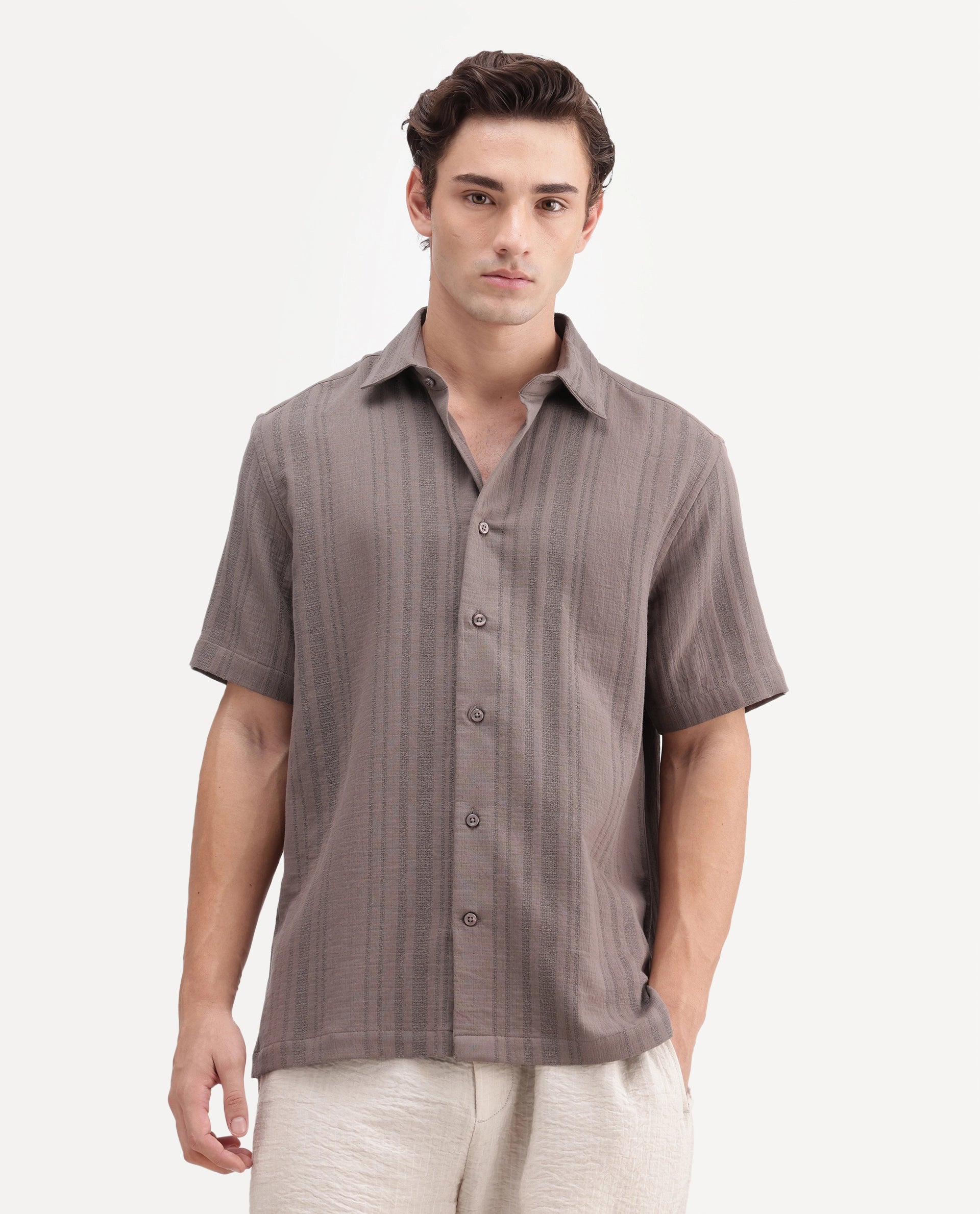 Rare Rabbit Men's Fivo Dusky Brown Cotton Fabric Half Sleeve Collared Regular Fit Striped Shirt