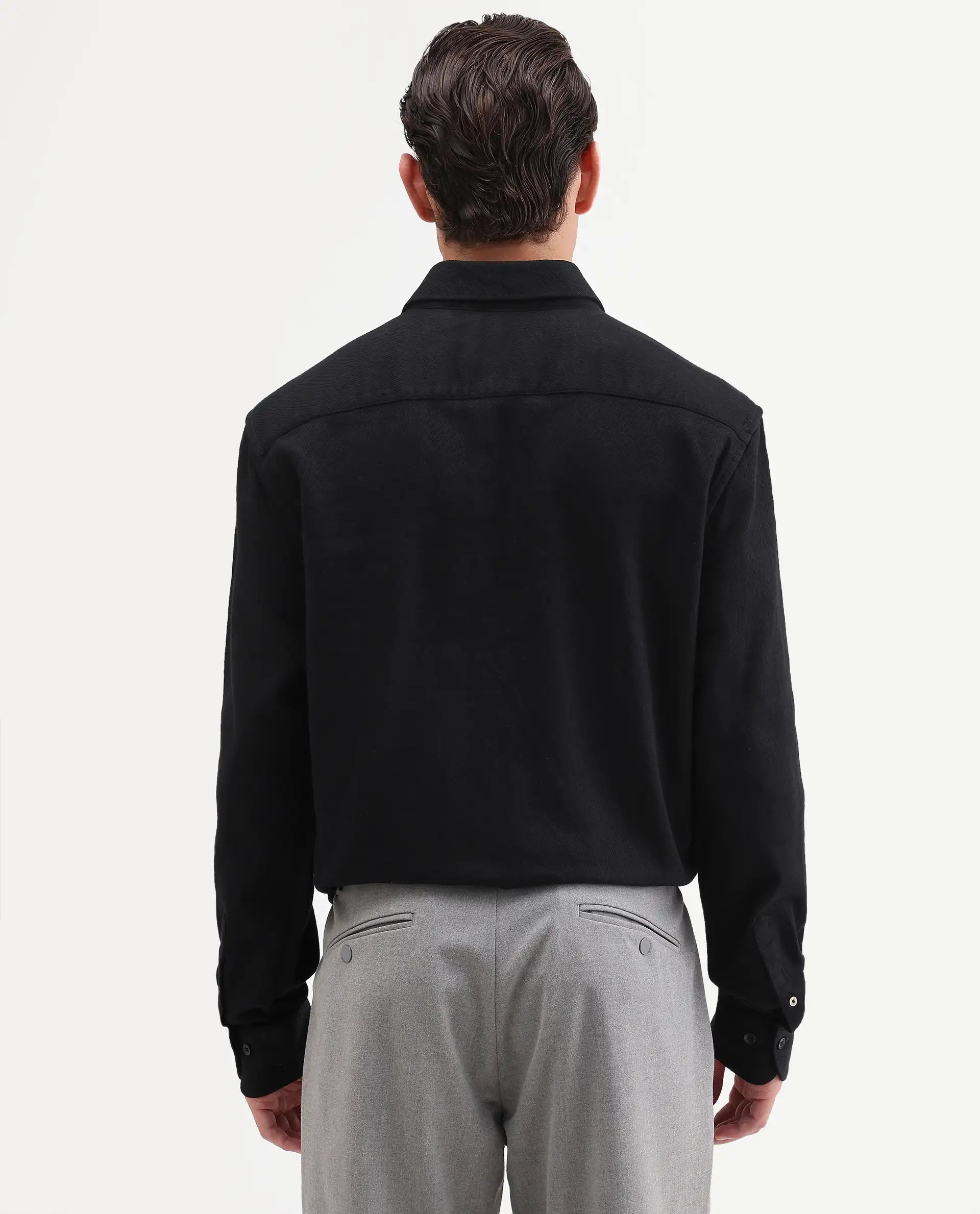 Rare Rabbit Men's Ryka Black Cotton Fabric Full Sleeve Collared Regular Fit Plain Shirt