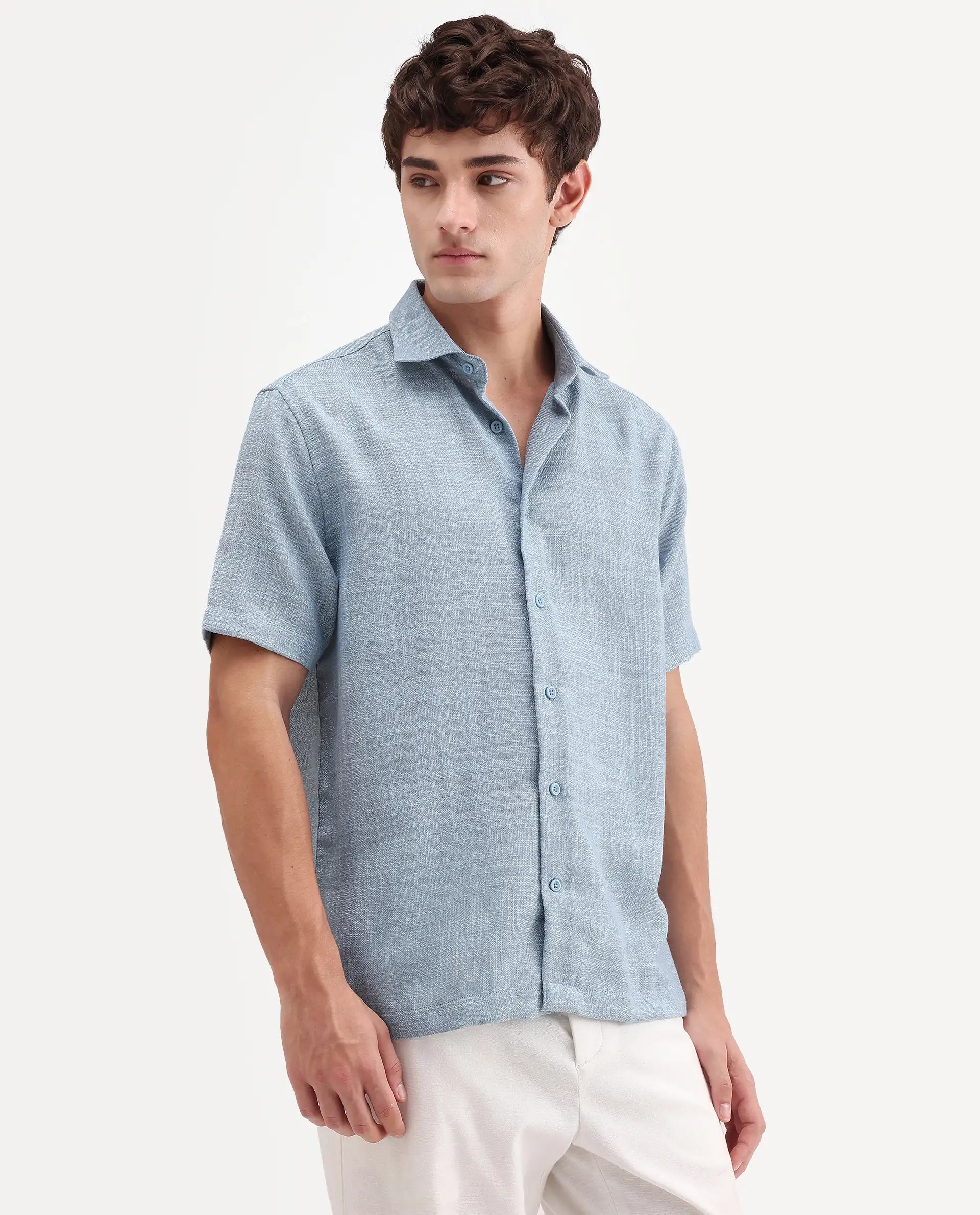 Rare Rabbit Men's Tilo Dusky Blue Polyester Fabric Half Sleeve Spread Collar Regular Fit Textured Shirt