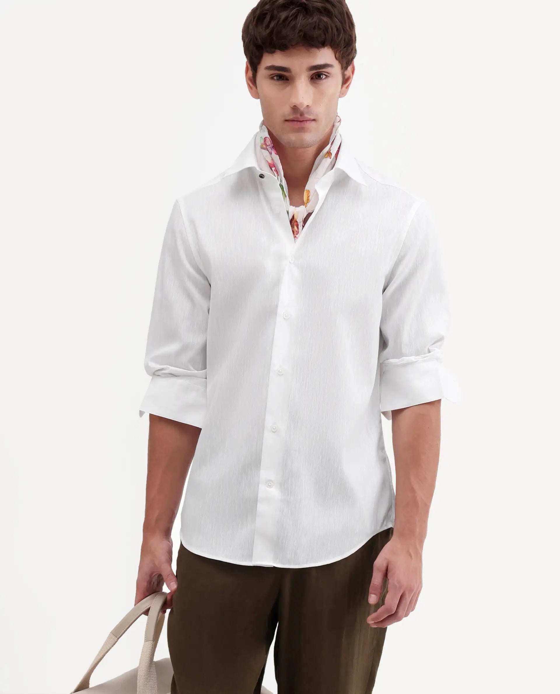 Rare Rabbit Men's Snow White Cotton Blend Fabric Full Sleeve Spread Collar Regular Fit Plain Shirt