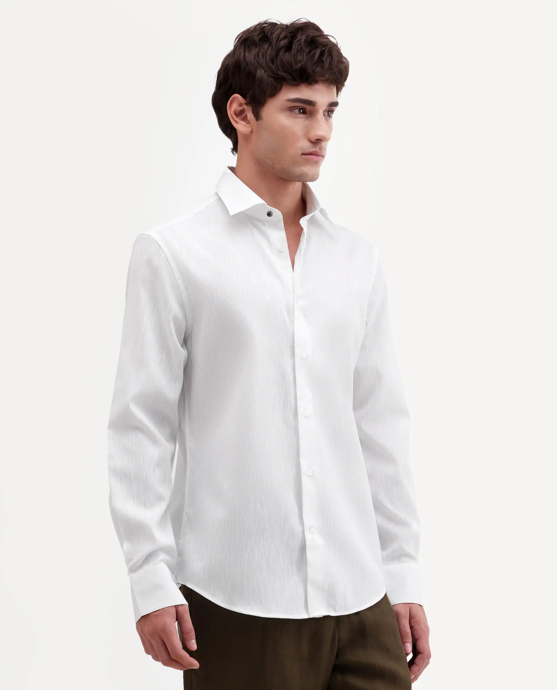 Rare Rabbit Men's Snow White Cotton Blend Fabric Full Sleeve Spread Collar Regular Fit Plain Shirt