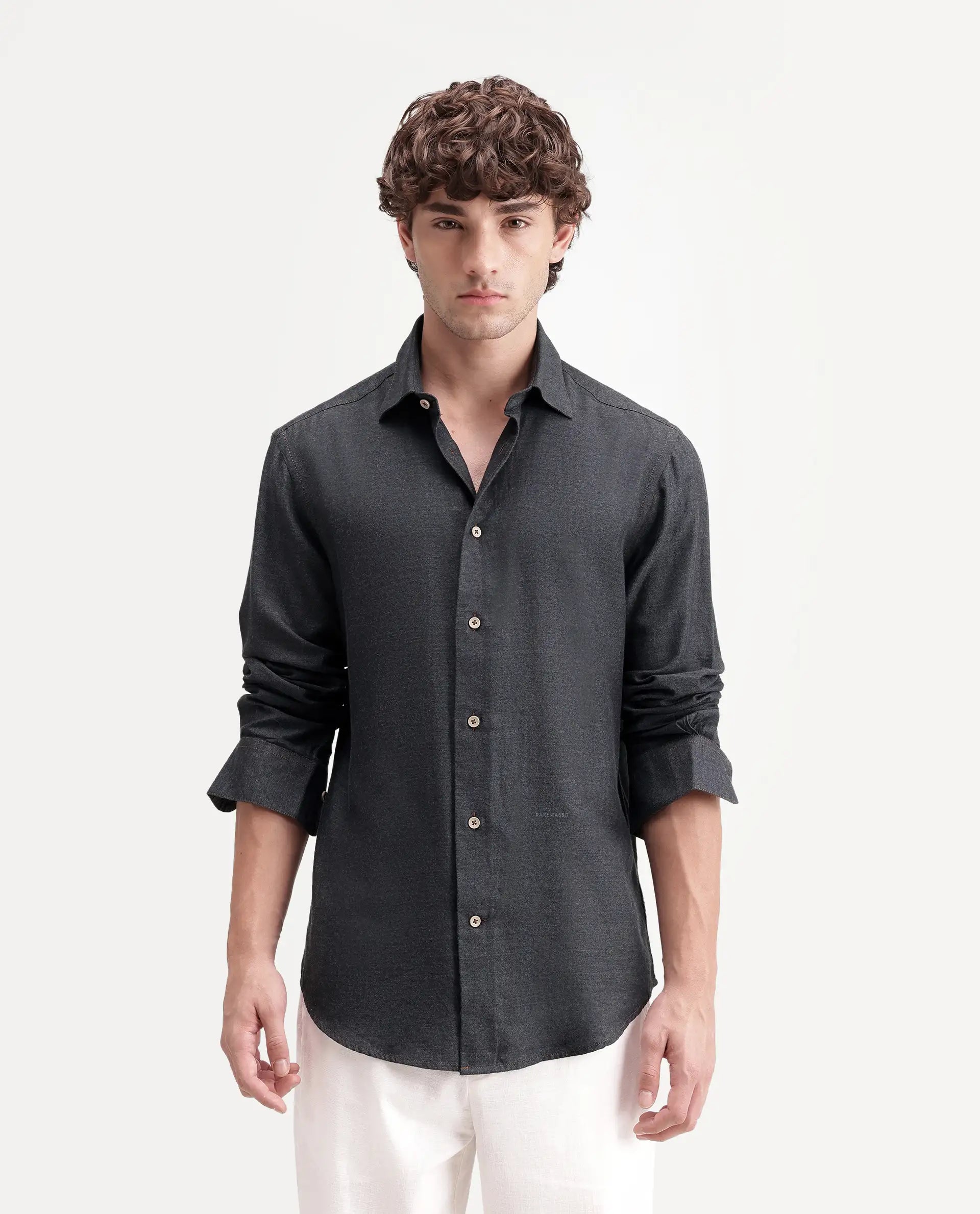 Rare Rabbit Men's Widow Black Cotton Blend Fabric Full Sleeve Collared Regular Fit Plain Shirt