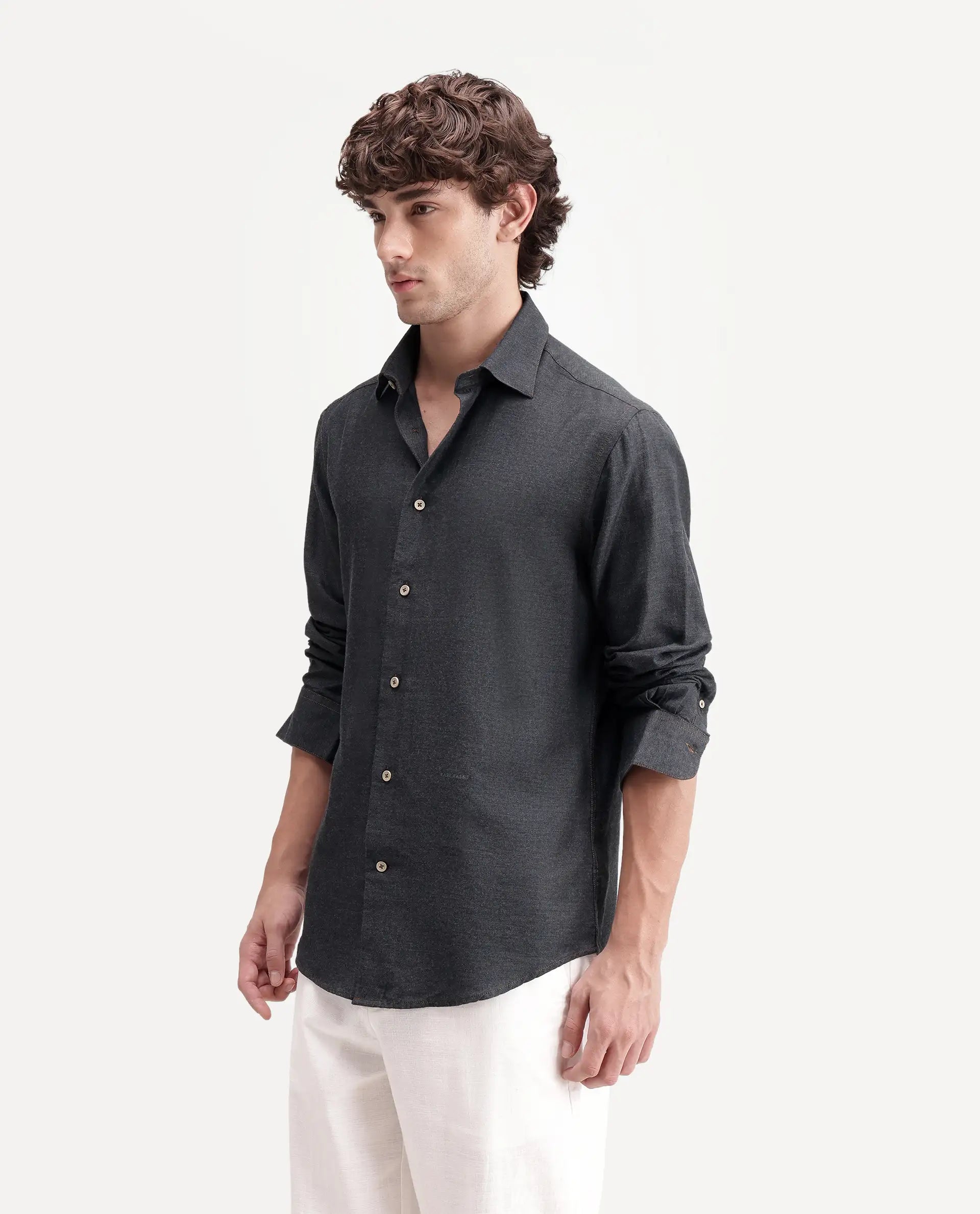 Rare Rabbit Men's Widow Black Cotton Blend Fabric Full Sleeve Collared Regular Fit Plain Shirt