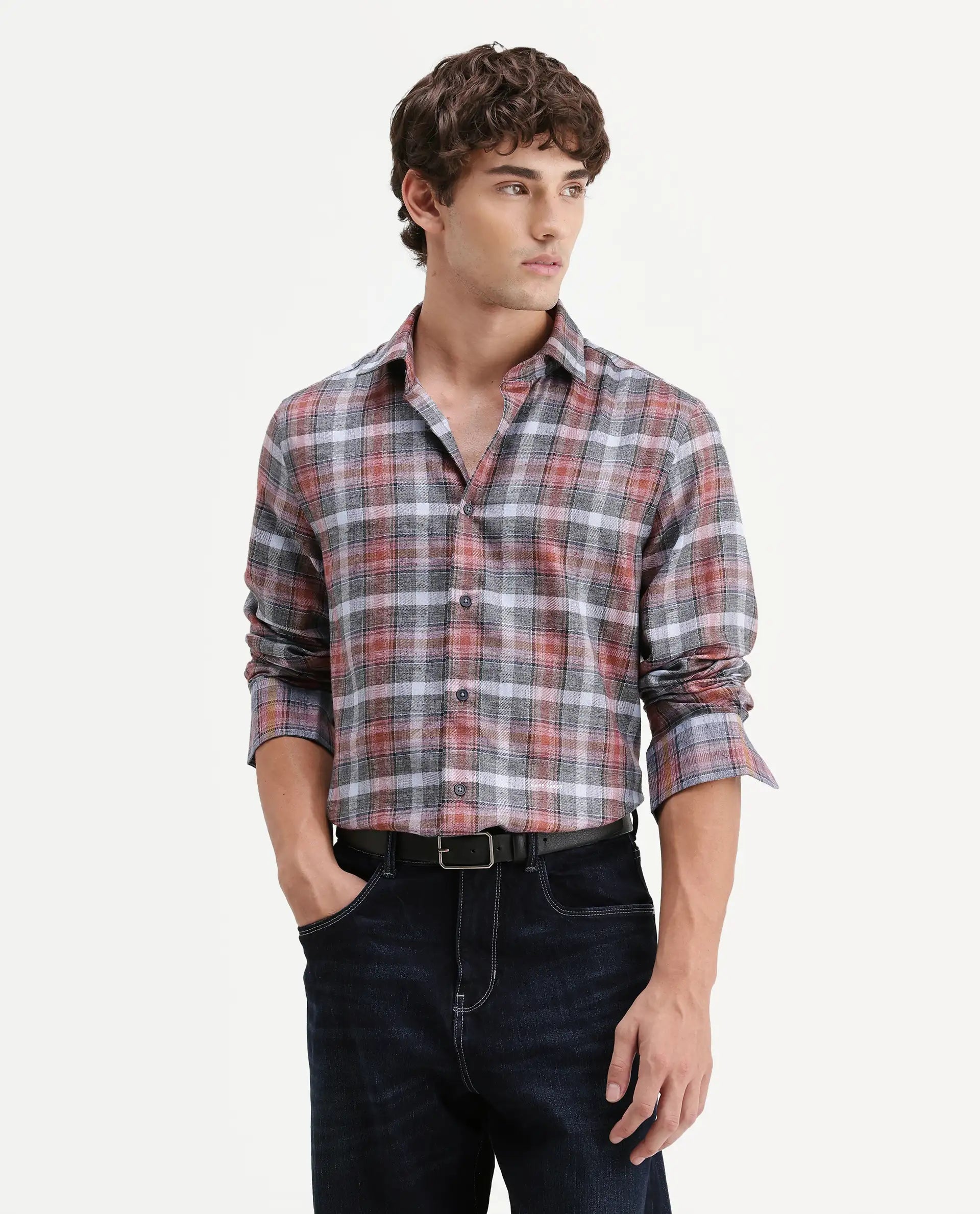 Rare Rabbit Men's Hood Red Cotton Blend Fabric Full Sleeve Collared Regular Fit Checked Shirt