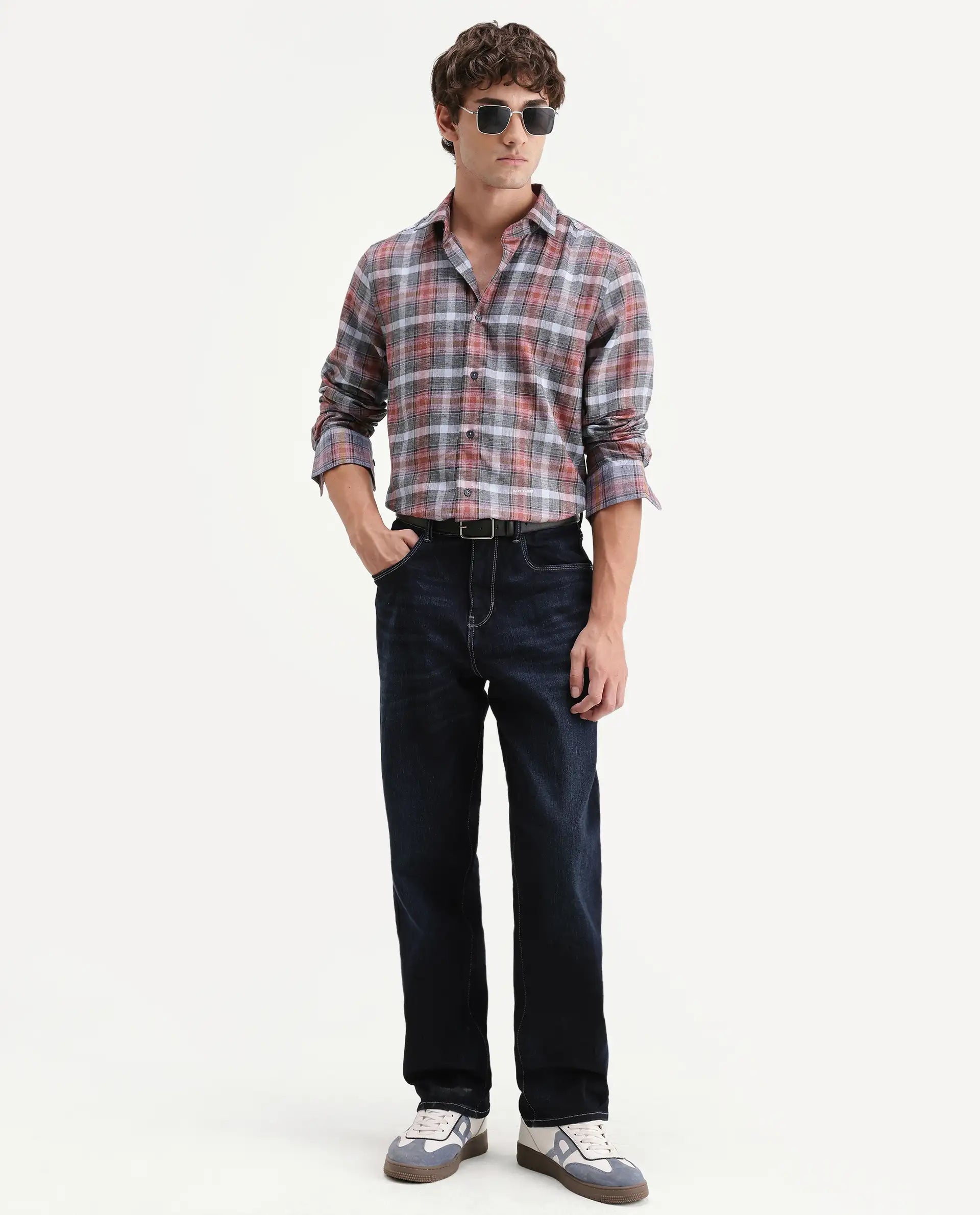 Rare Rabbit Men's Hood Red Cotton Blend Fabric Full Sleeve Collared Regular Fit Checked Shirt