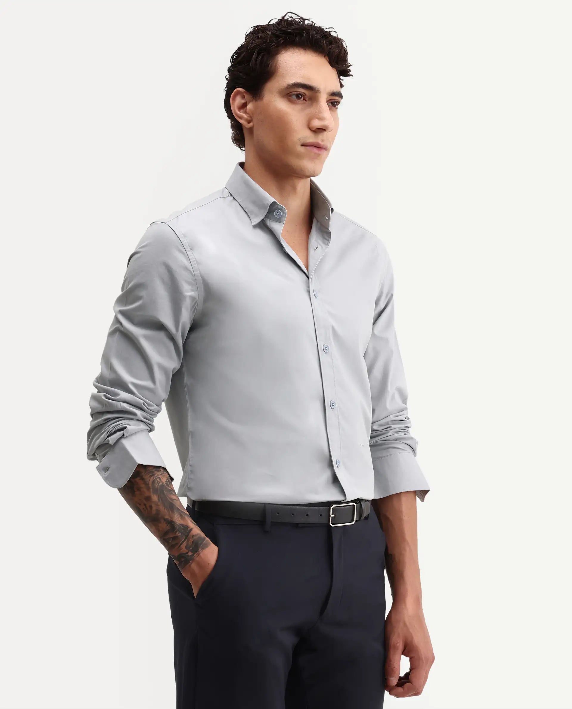 Rare Rabbit Men's Eder Light Blue Cotton Fabric Full Sleeve Collared Regular Fit Plain Shirt