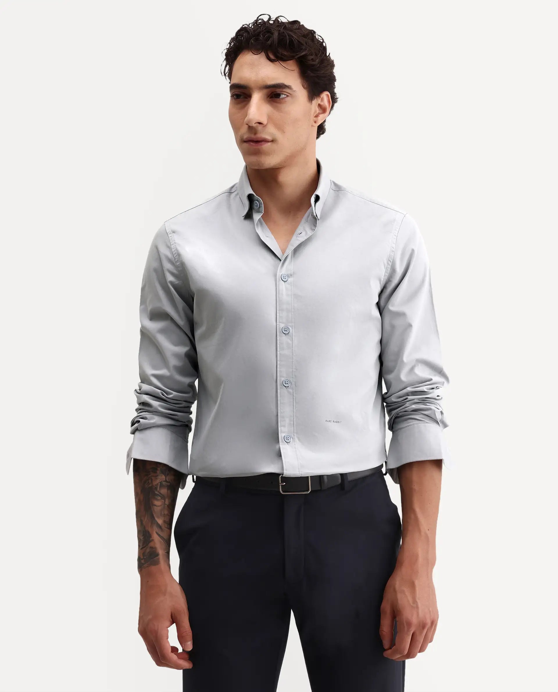 Rare Rabbit Men's Eder Light Blue Cotton Fabric Full Sleeve Collared Regular Fit Plain Shirt