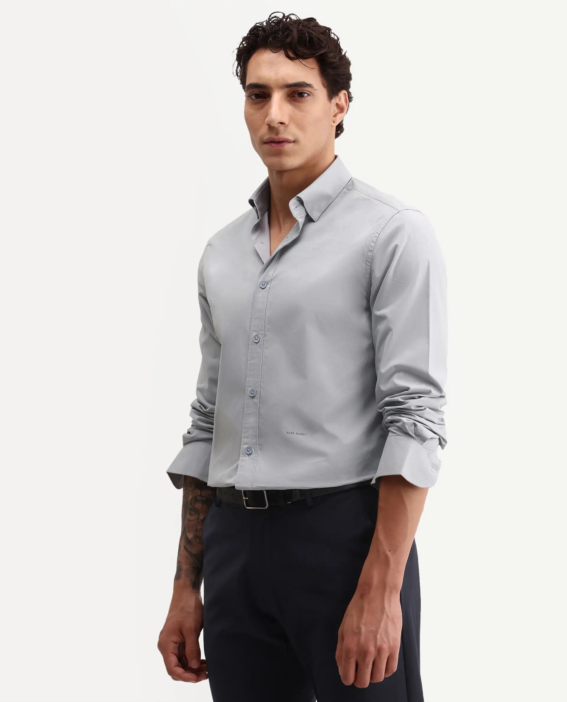 Rare Rabbit Men's Eder Light Blue Cotton Fabric Full Sleeve Collared Regular Fit Plain Shirt