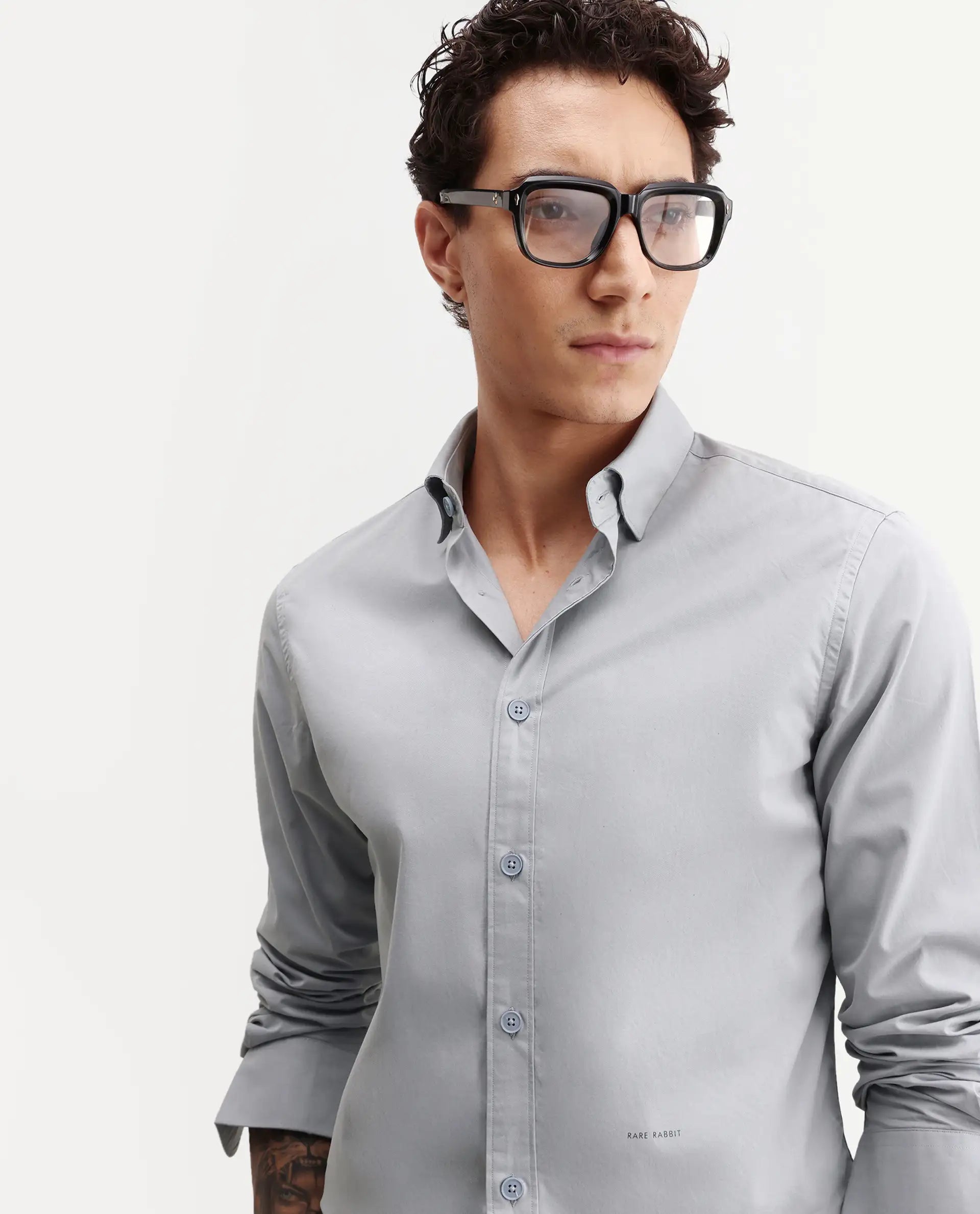 Rare Rabbit Men's Eder Light Blue Cotton Fabric Full Sleeve Collared Regular Fit Plain Shirt