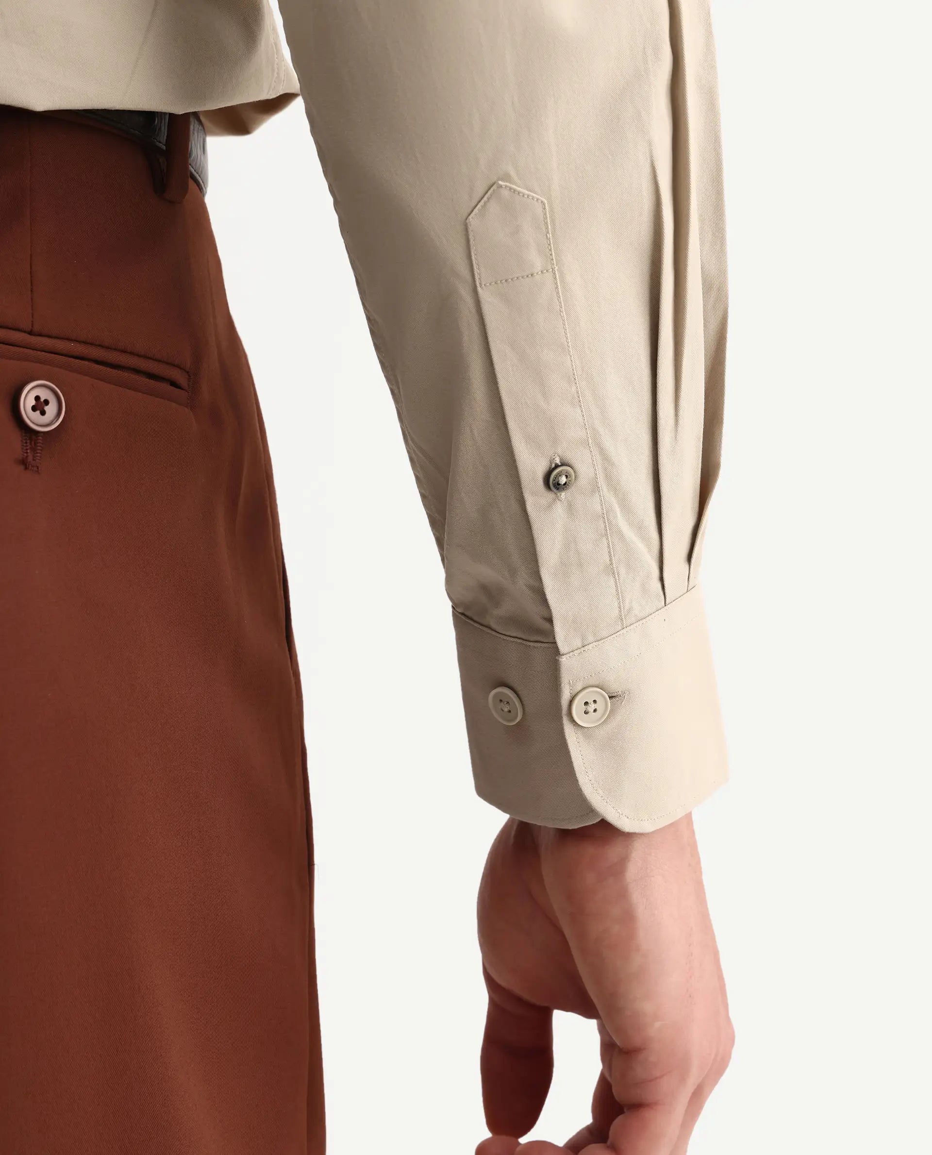 Rare Rabbit Men's Eder Light Beige Cotton Fabric Full Sleeve Collared Regular Fit Plain Shirt
