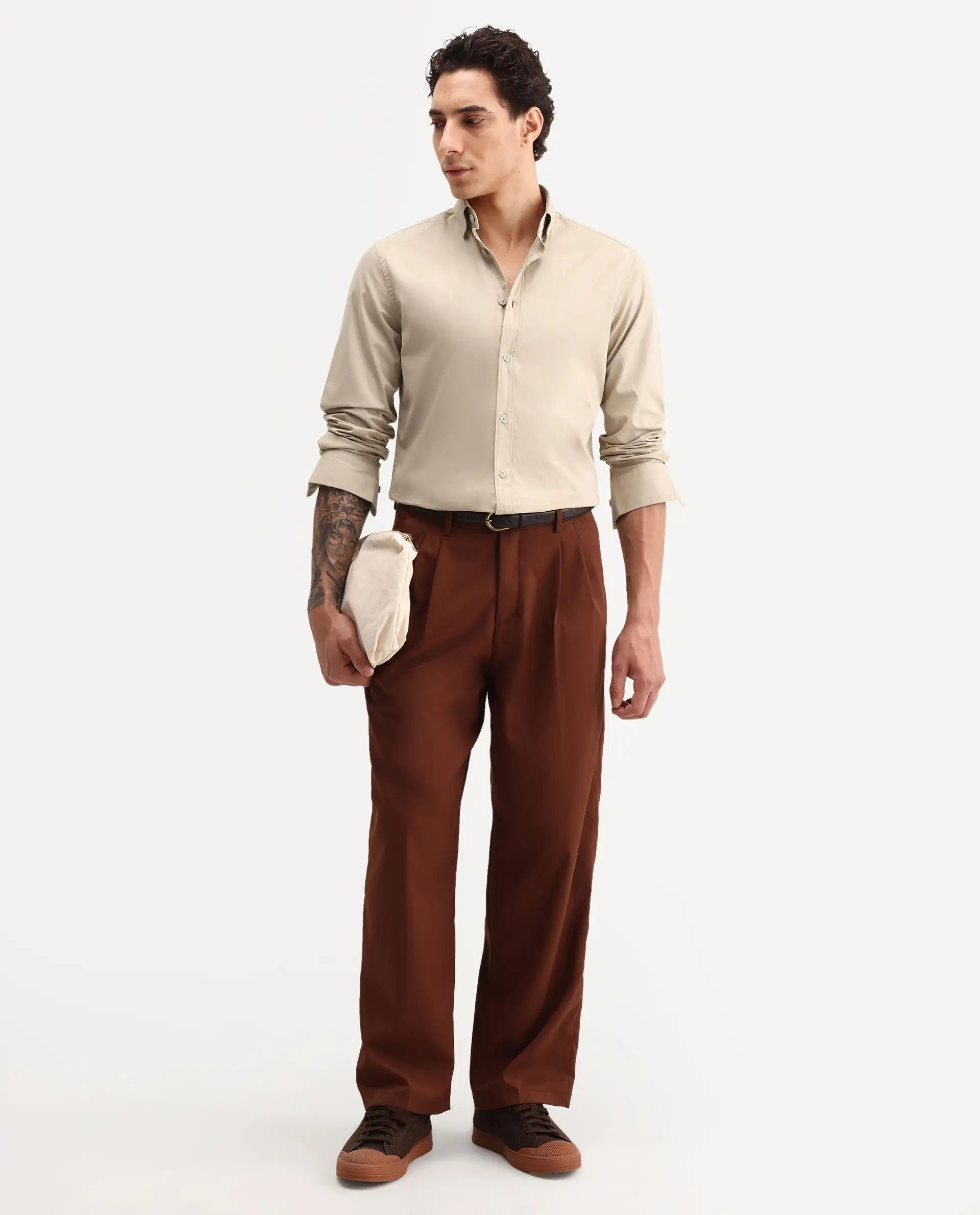 Rare Rabbit Men's Eder Light Beige Cotton Fabric Full Sleeve Collared Regular Fit Plain Shirt