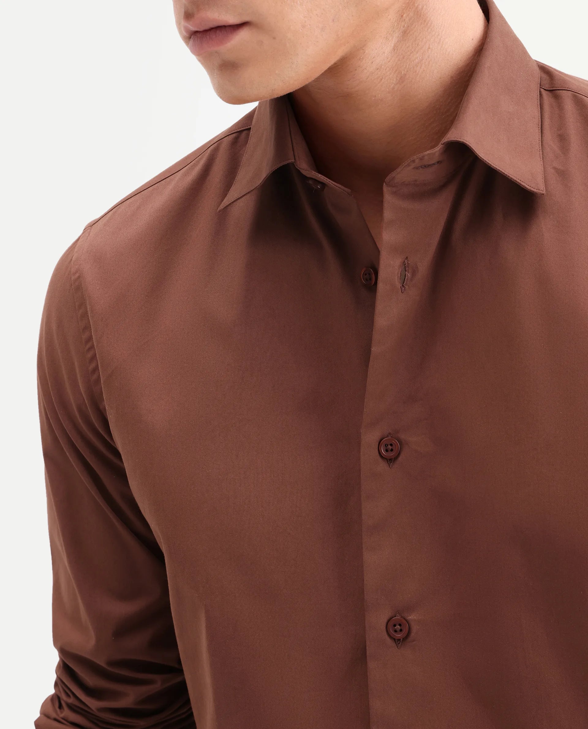 Rare Rabbit Men's Edro Rust Cotton Fabric Full Sleeve Collared Regular Fit Plain Shirt