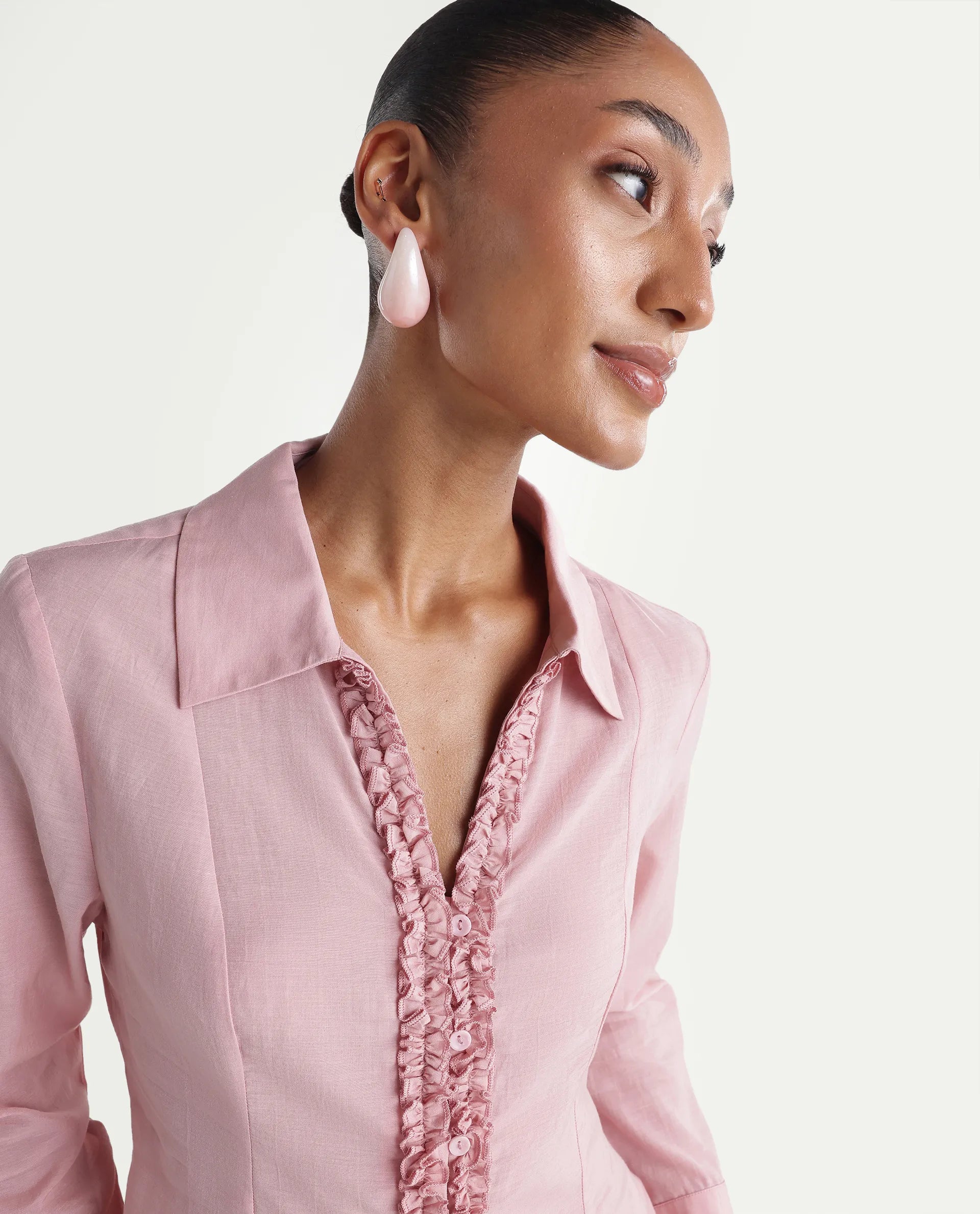 Rareism Women's Rucon Dusky Pink Nylon Blend Johnny Collar Regular Plain Shirt