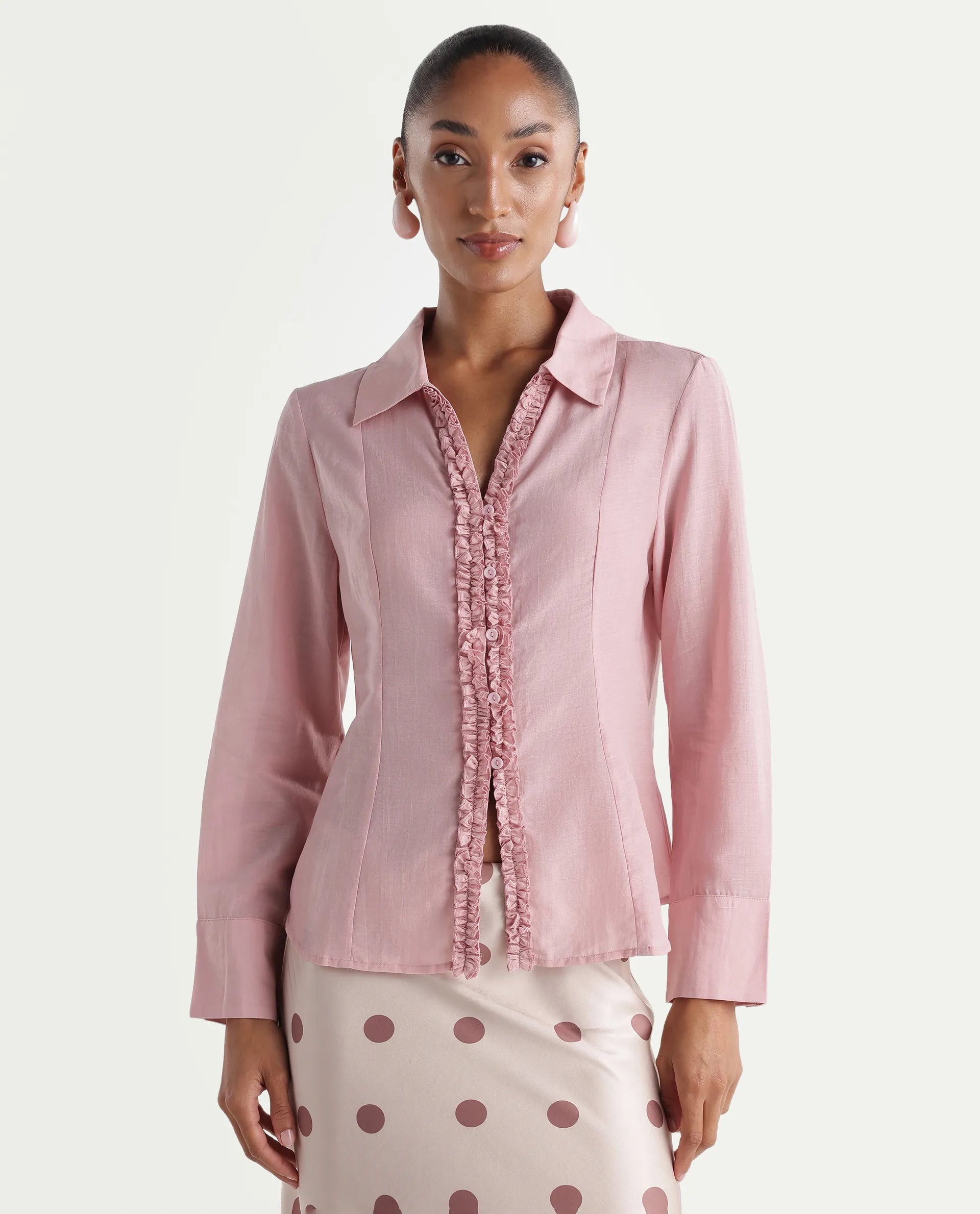 Rareism Women's Rucon Dusky Pink Nylon Blend Johnny Collar Regular Plain Shirt