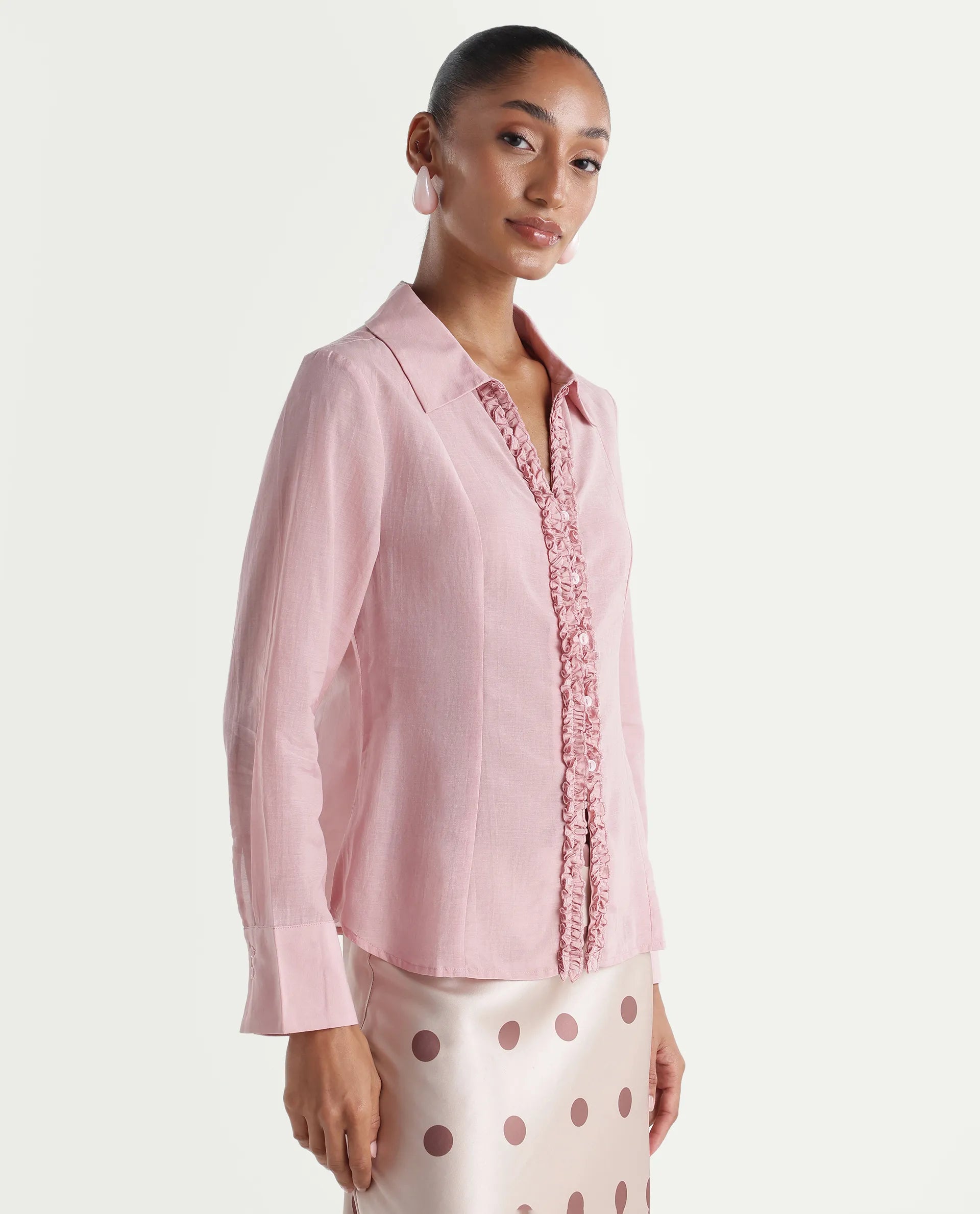 Rareism Women's Rucon Dusky Pink Nylon Blend Johnny Collar Regular Plain Shirt