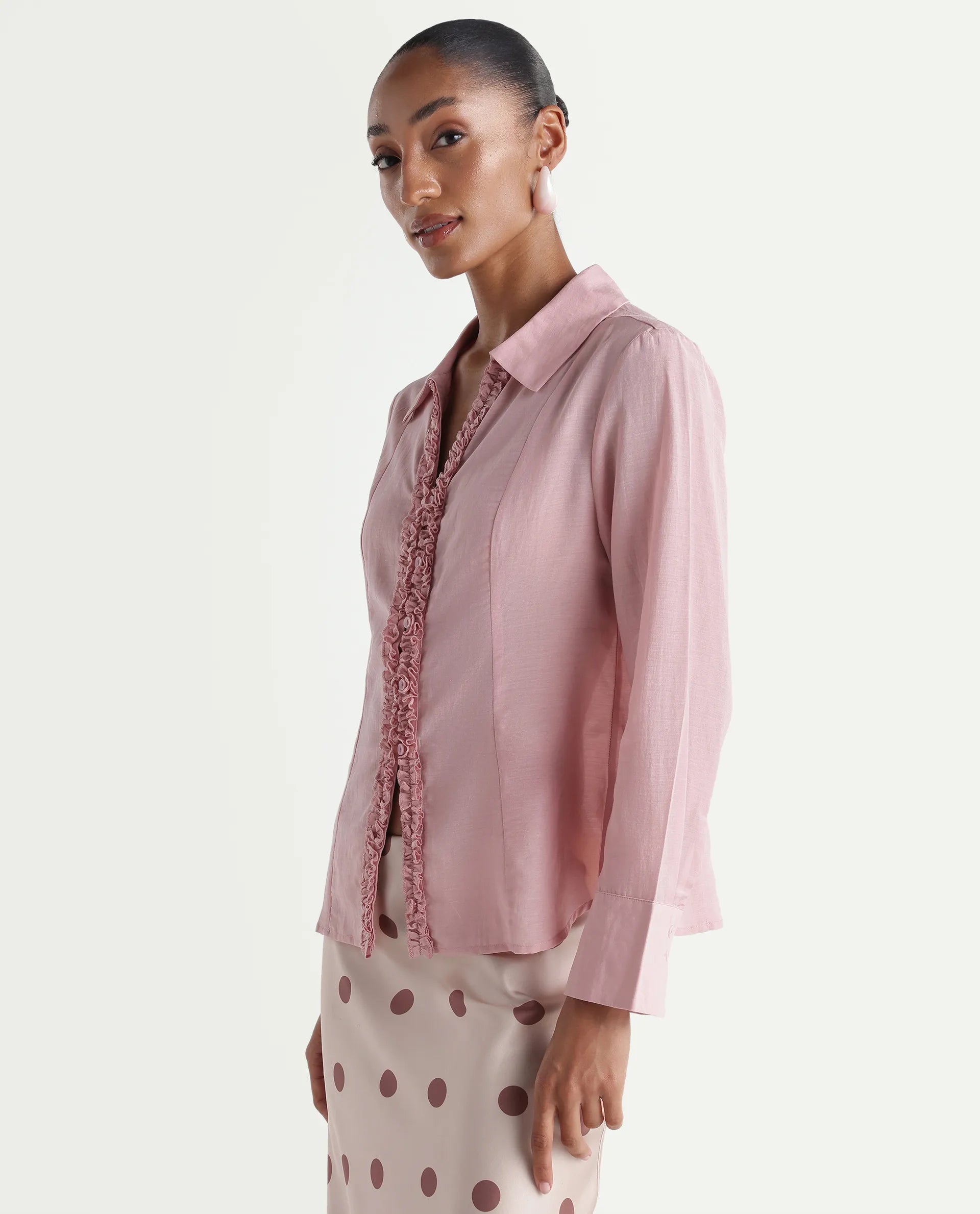 Rareism Women's Rucon Dusky Pink Nylon Blend Johnny Collar Regular Plain Shirt