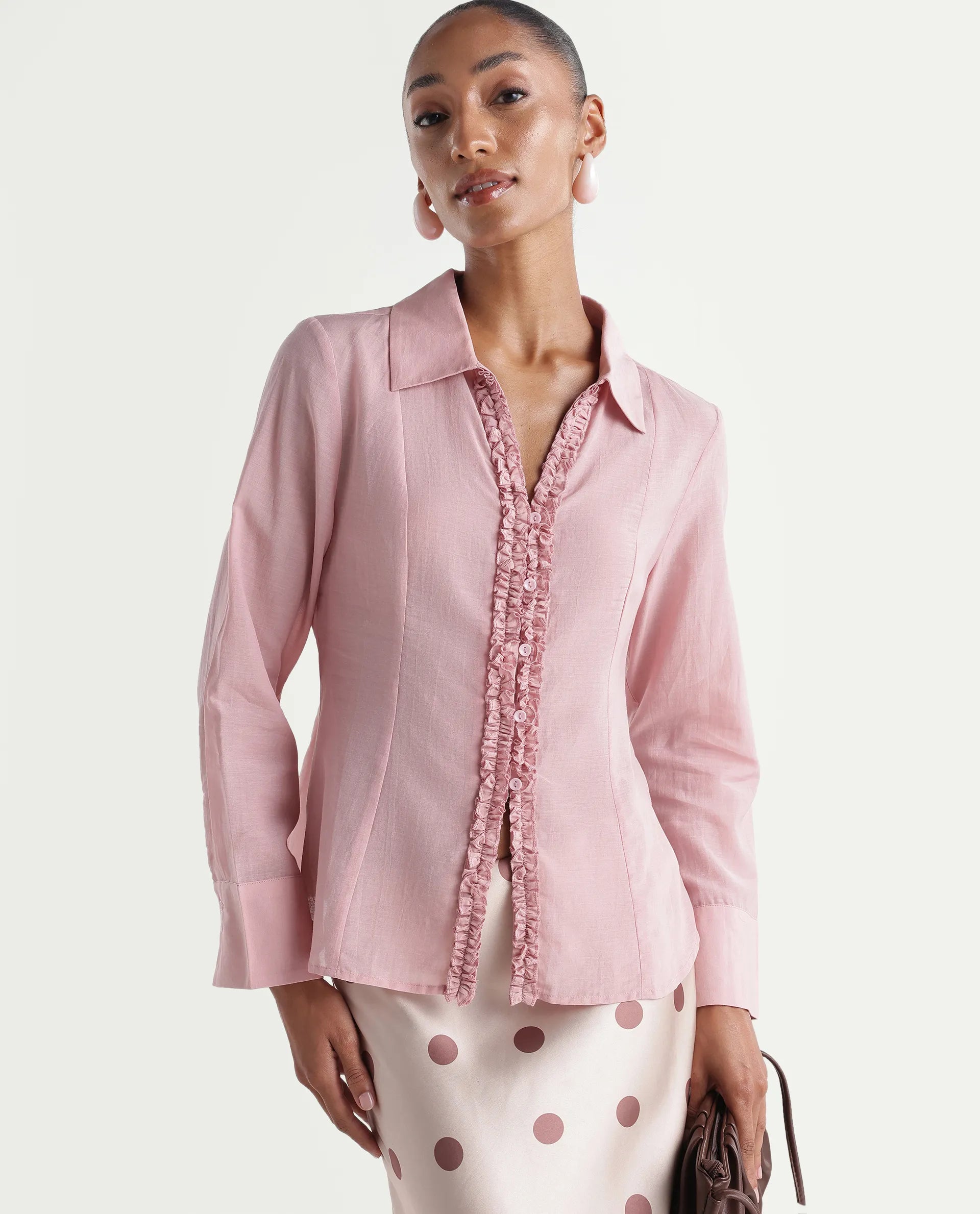 Rareism Women's Rucon Dusky Pink Nylon Blend Johnny Collar Regular Plain Shirt