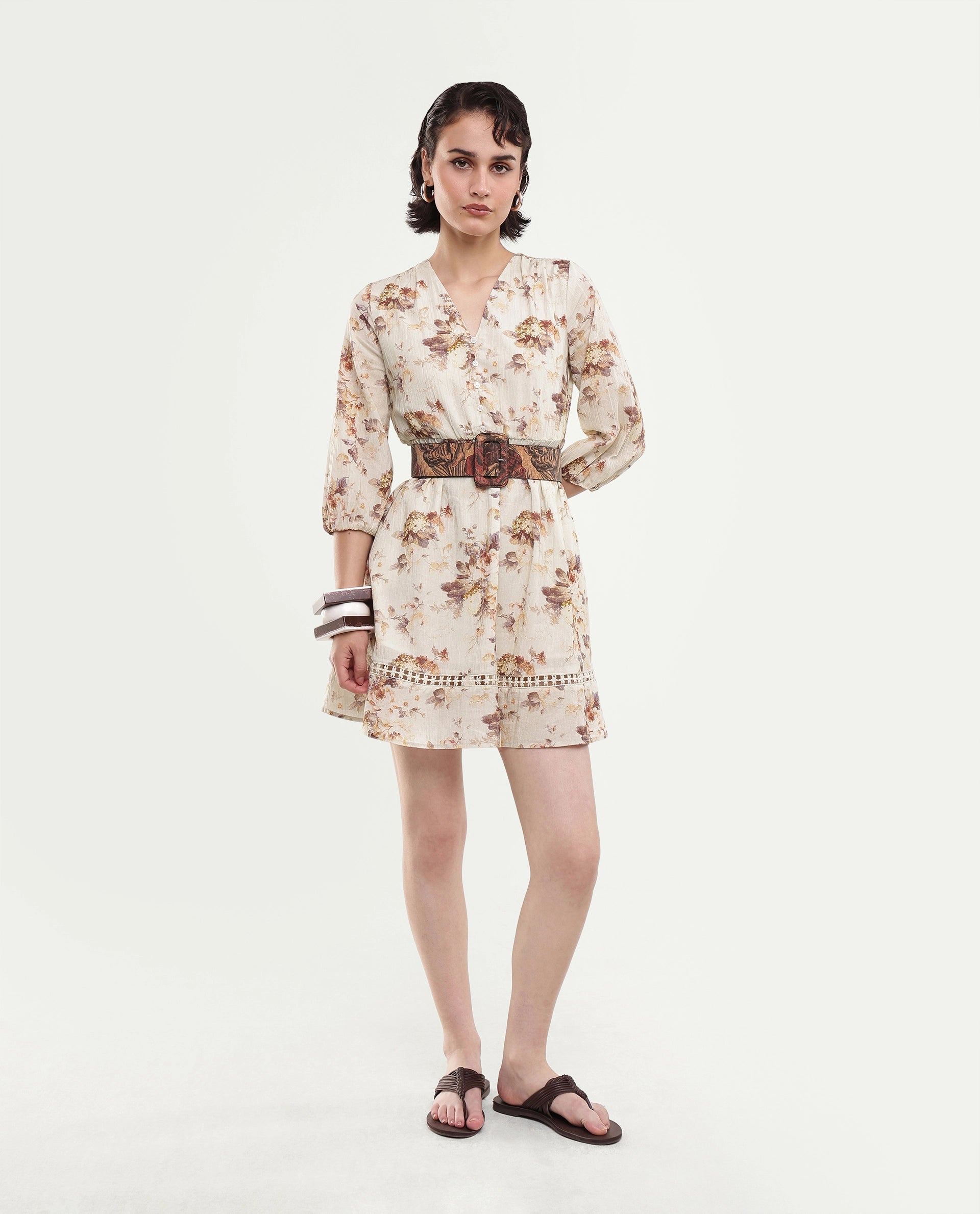 Rareism Women's Rujen Beige Floral Cotton Fit And Flare 3/4th Sleeve Dress