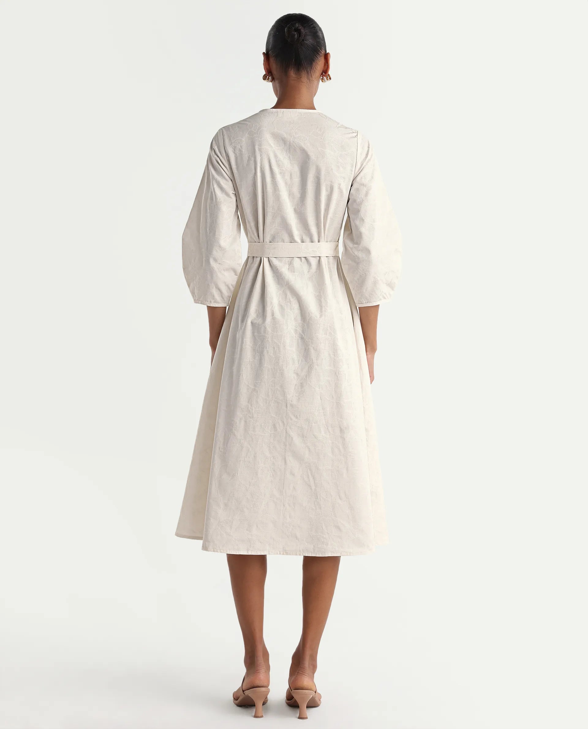 Rareism Women's Rumang Off White Cotton V-Neck Button A-Line Jacquard Print Dress