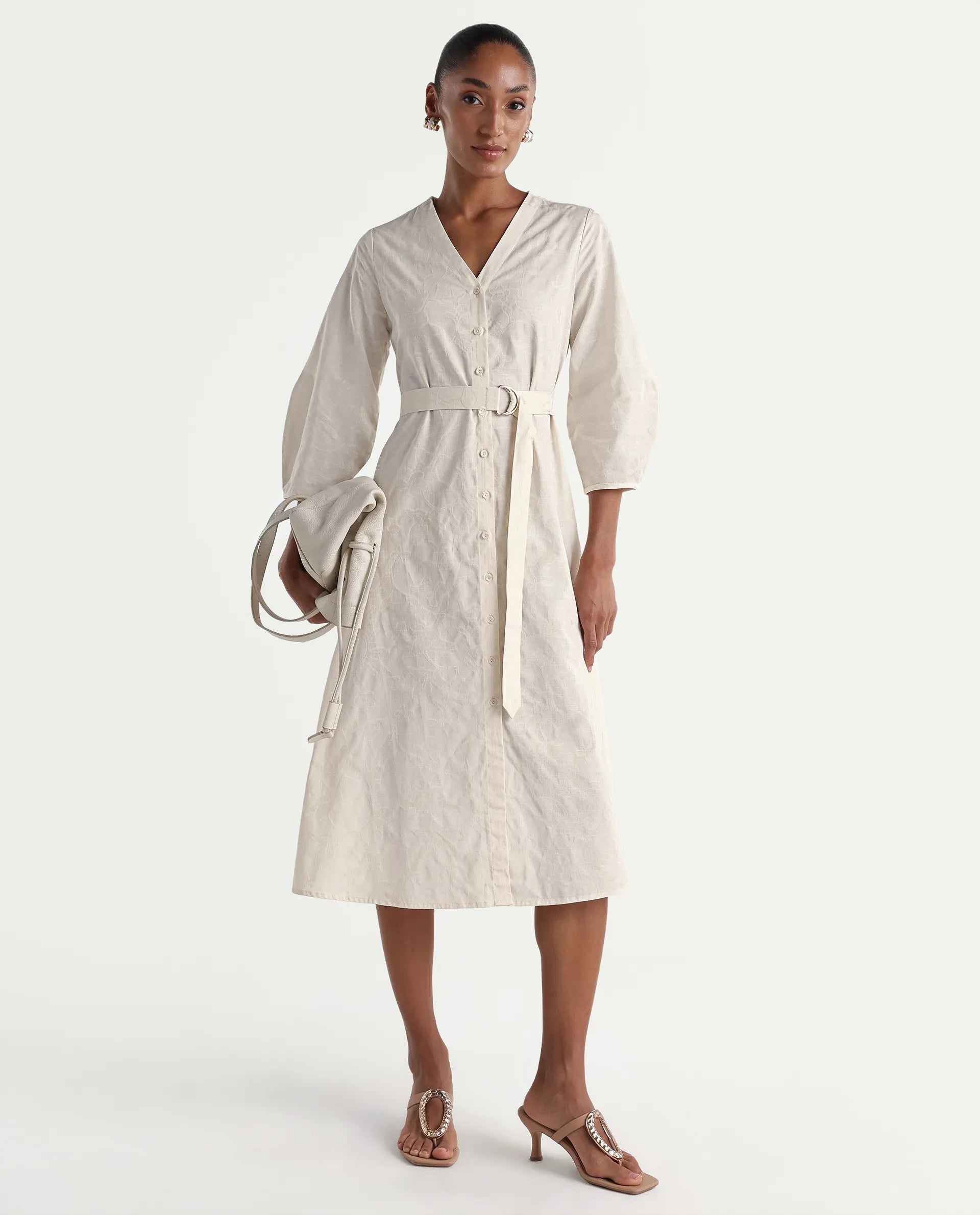 Rareism Women's Rumang Off White Cotton V-Neck Button A-Line Jacquard Print Dress