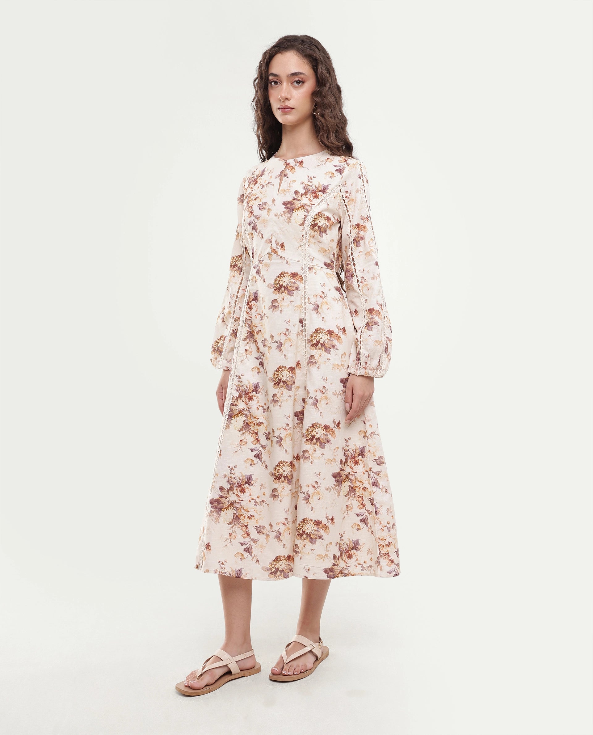 Rareism Women's Ruten Beige Cotton Crew Neck Button And Zip Fit And Flare Floral Print Dress