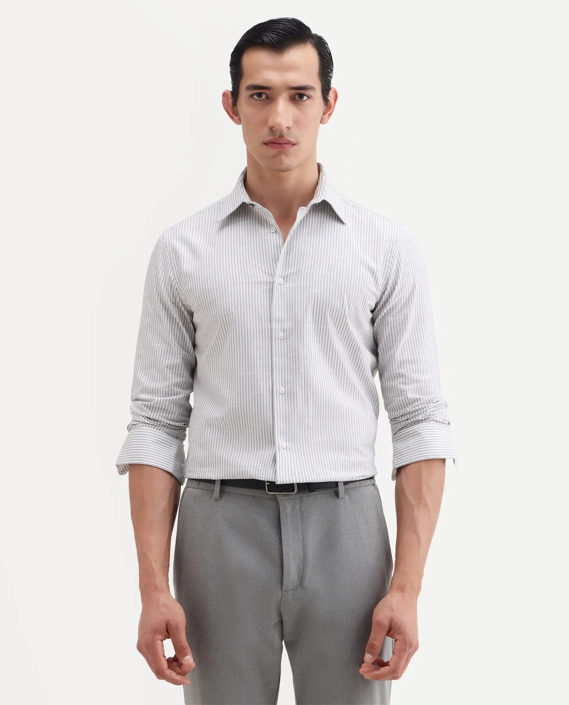 Rare Rabbit Men's Glav Light Grey Cotton Fabric Full Sleeve Spread Collar Button Regular Striped Shirt
