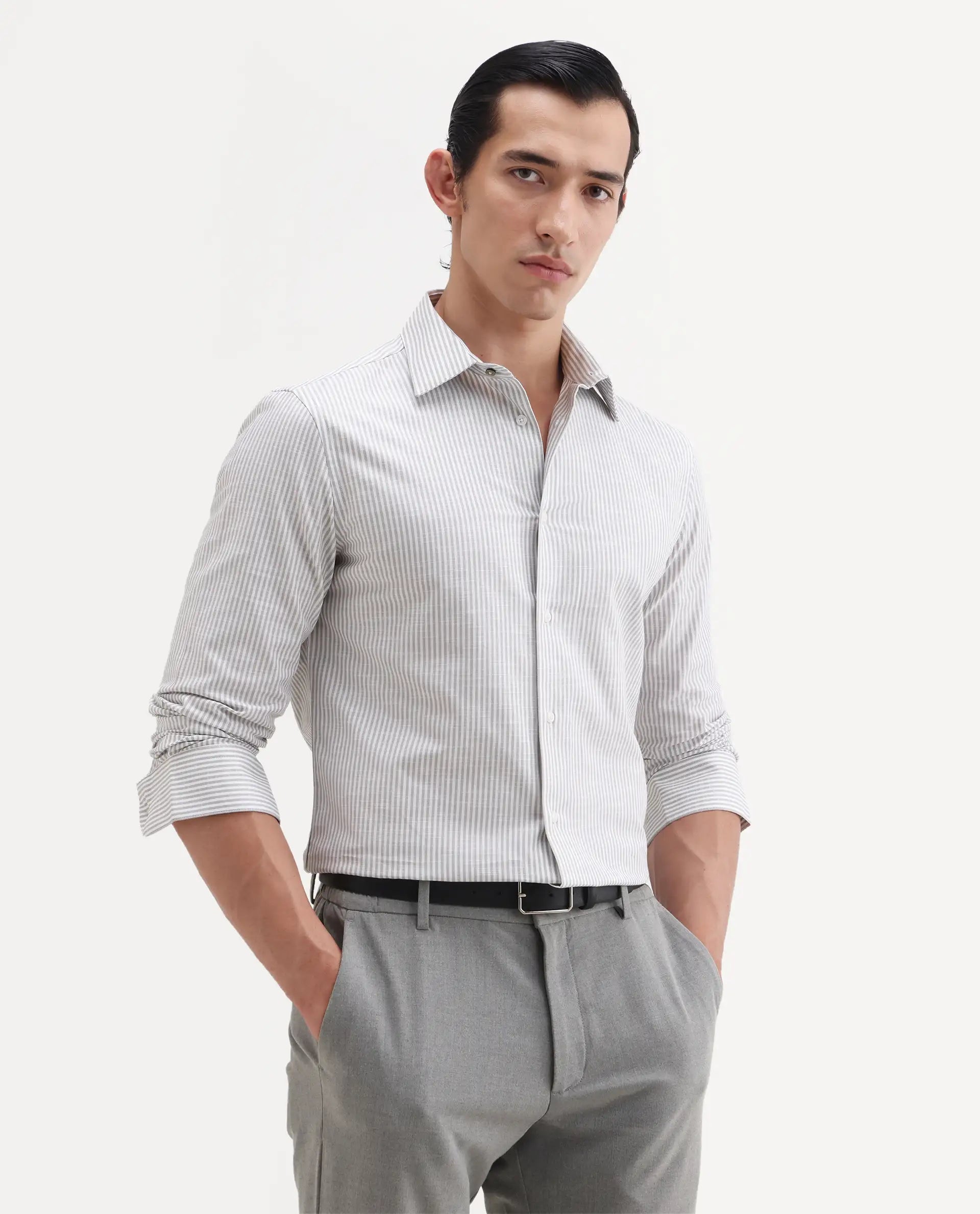 Rare Rabbit Men's Glav Light Grey Cotton Fabric Full Sleeve Spread Collar Button Regular Striped Shirt