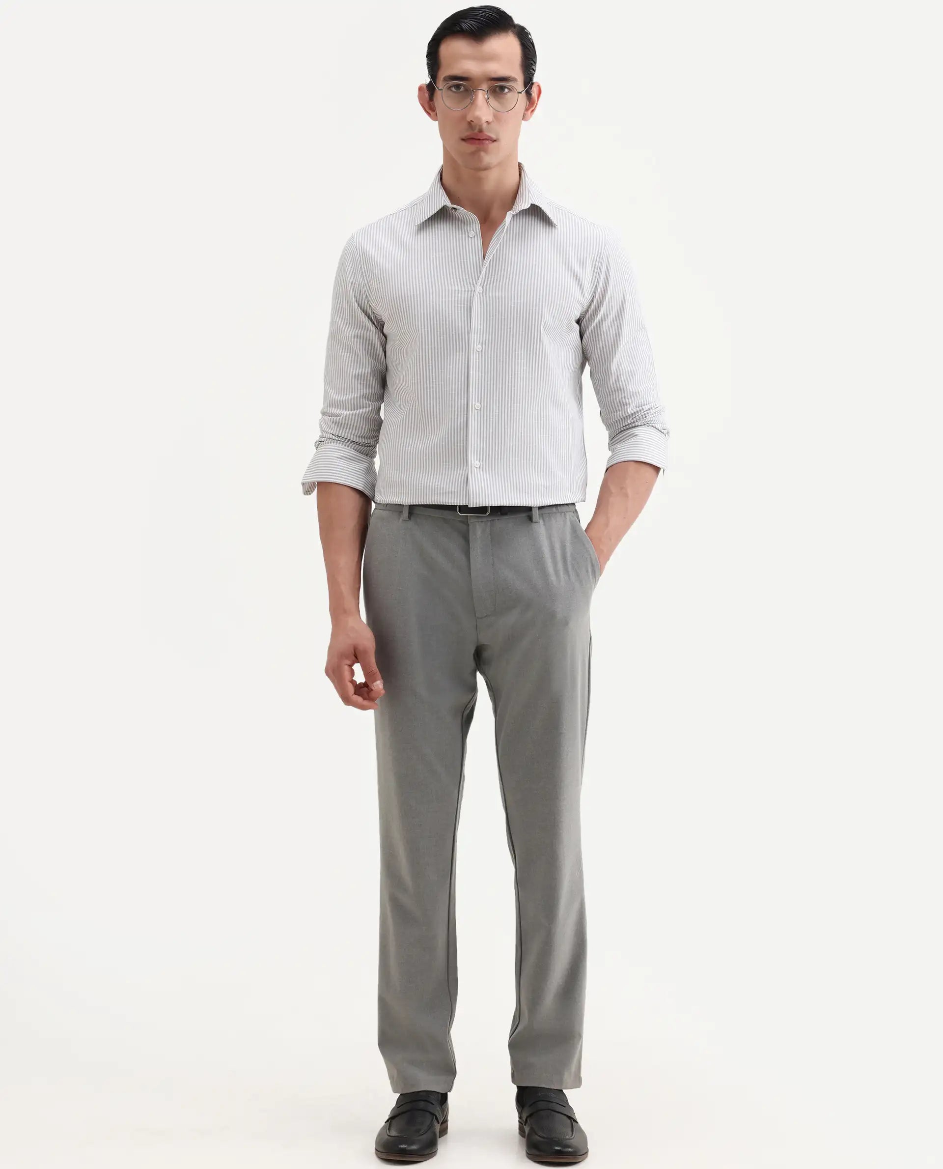 Rare Rabbit Men's Glav Light Grey Cotton Fabric Full Sleeve Spread Collar Button Regular Striped Shirt