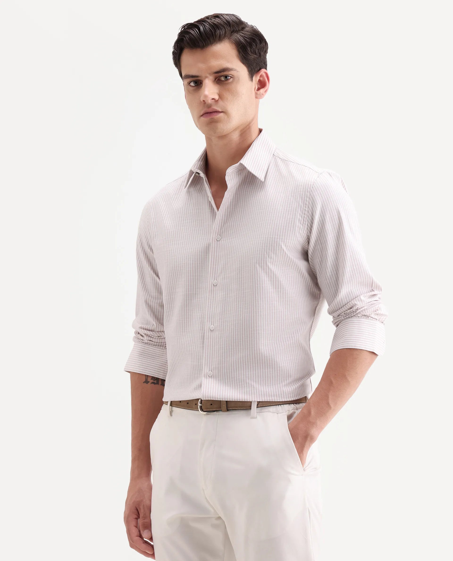 Rare Rabbit Men's Glav Light Pink Cotton Fabric Full Sleeve Spread Collar Button Regular Striped Shirt