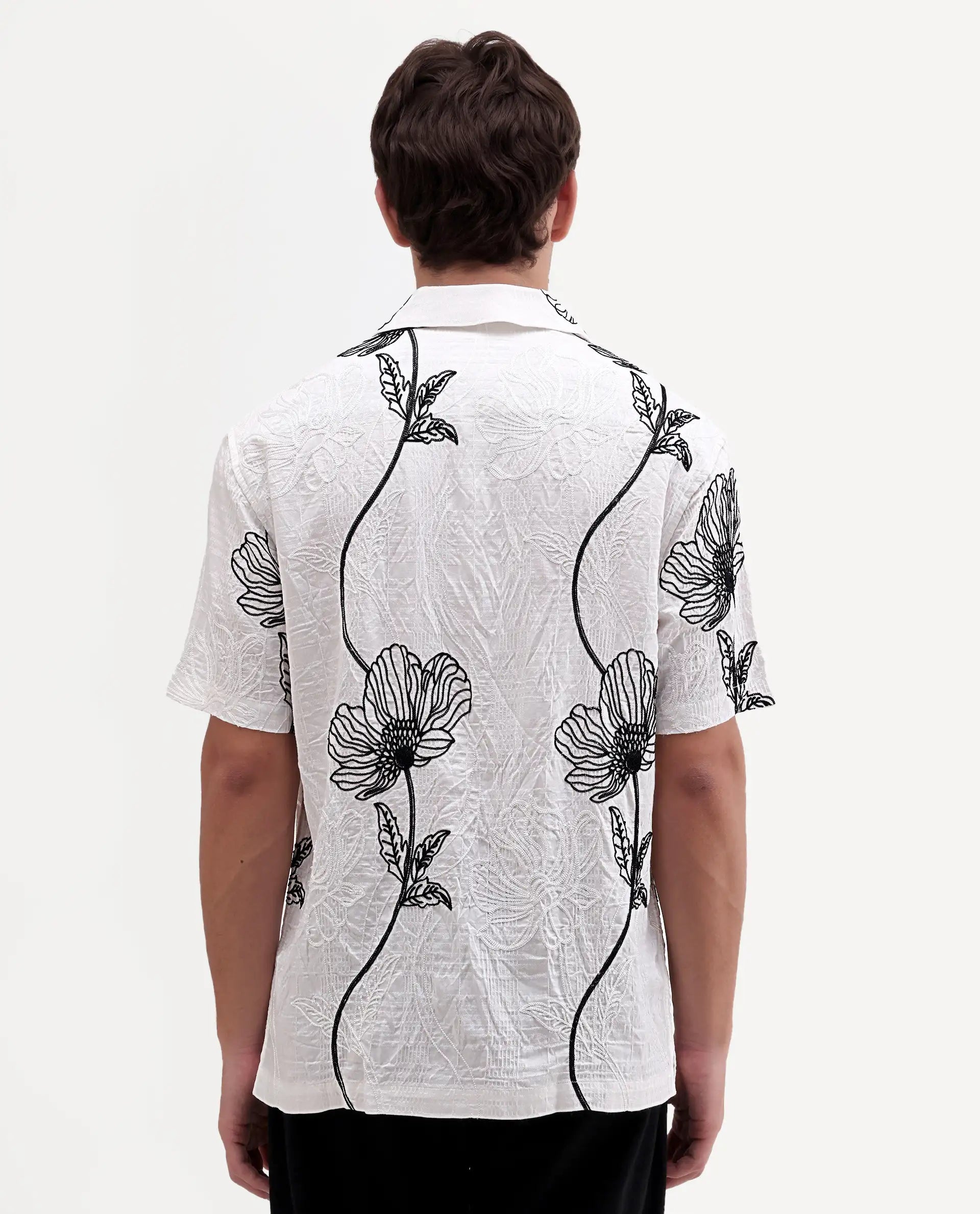 Rare Rabbit Men's Kiro White Viscose Blend Fabric Half Sleeve Cuban Collar Button Relaxed Fit Embroidered Shirt