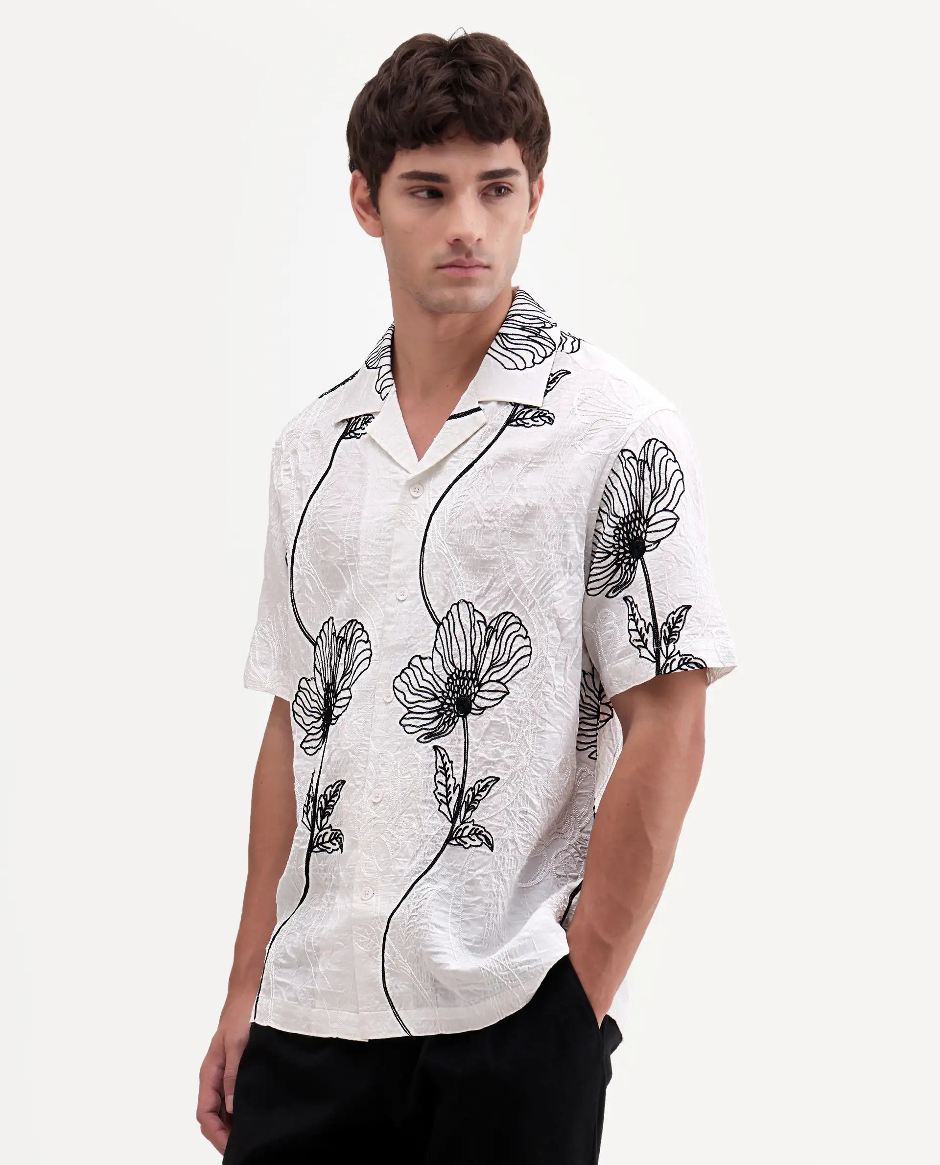 Rare Rabbit Men's Kiro White Viscose Blend Fabric Half Sleeve Cuban Collar Button Relaxed Fit Embroidered Shirt