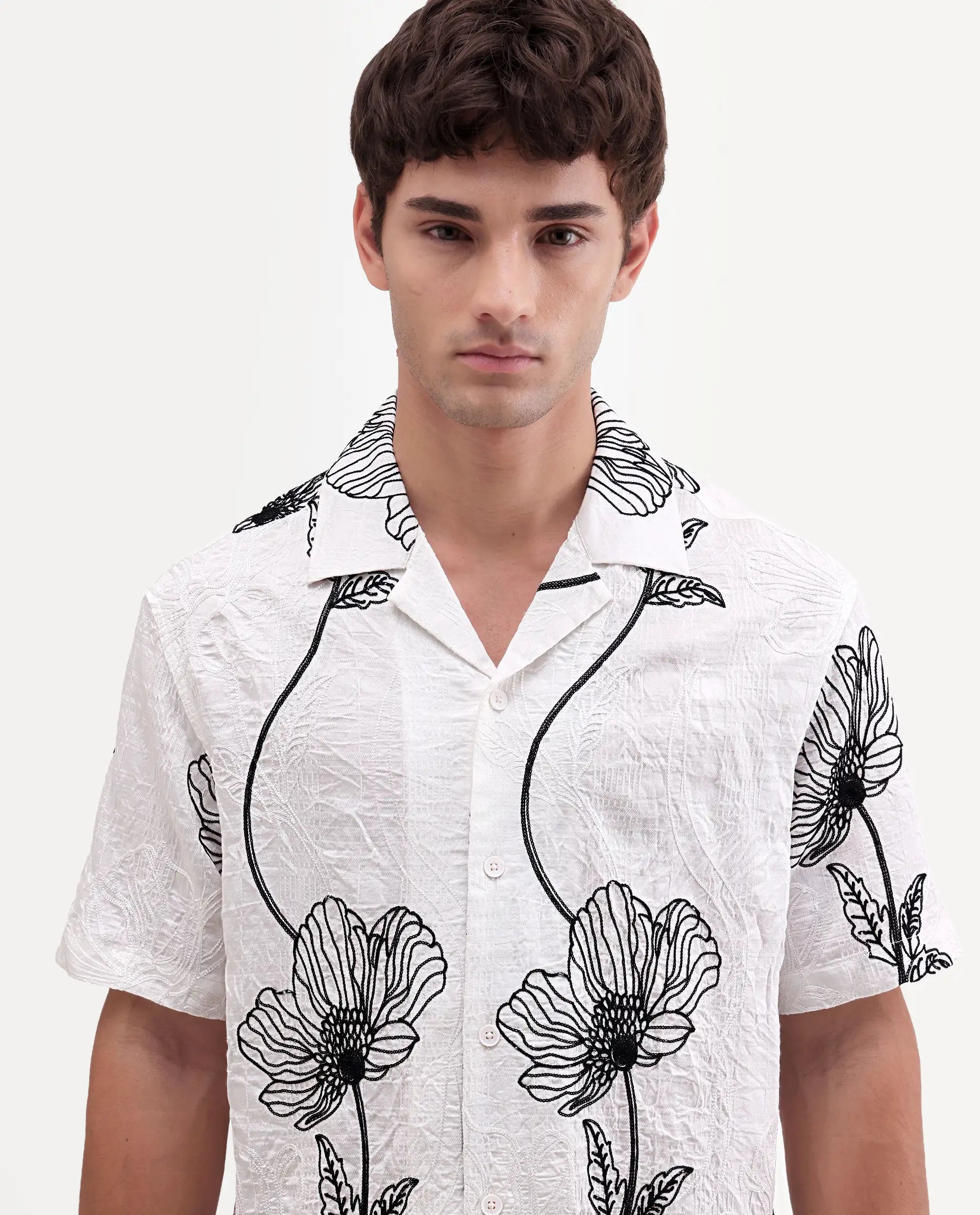Rare Rabbit Men's Kiro White Viscose Blend Fabric Half Sleeve Cuban Collar Button Relaxed Fit Embroidered Shirt