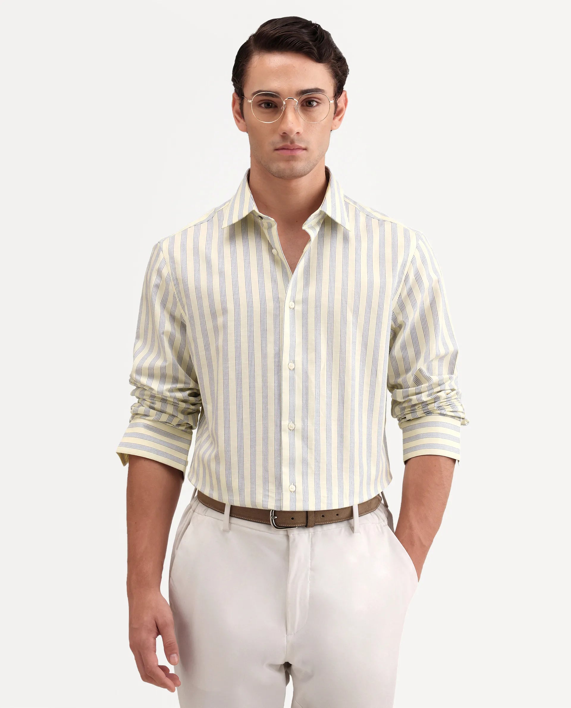 Rare Rabbit Men's Lexab Yellow Cotton Fabric Full Sleeve Spread Collar Button Regular Striped Shirt