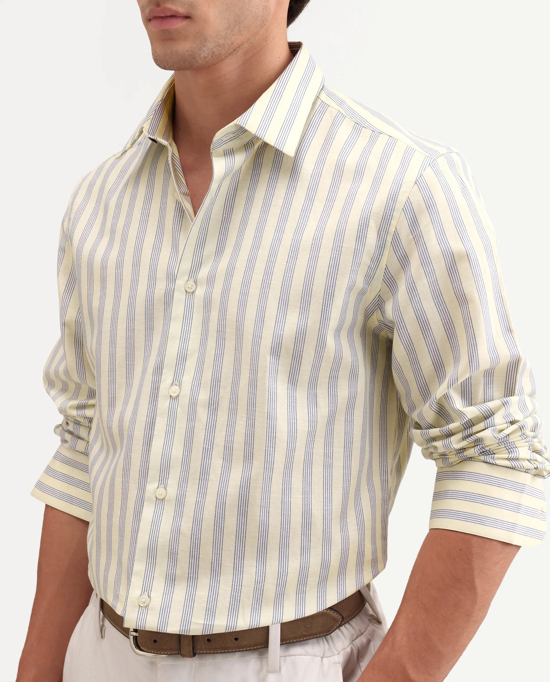 Rare Rabbit Men's Lexab Yellow Cotton Fabric Full Sleeve Spread Collar Button Regular Striped Shirt