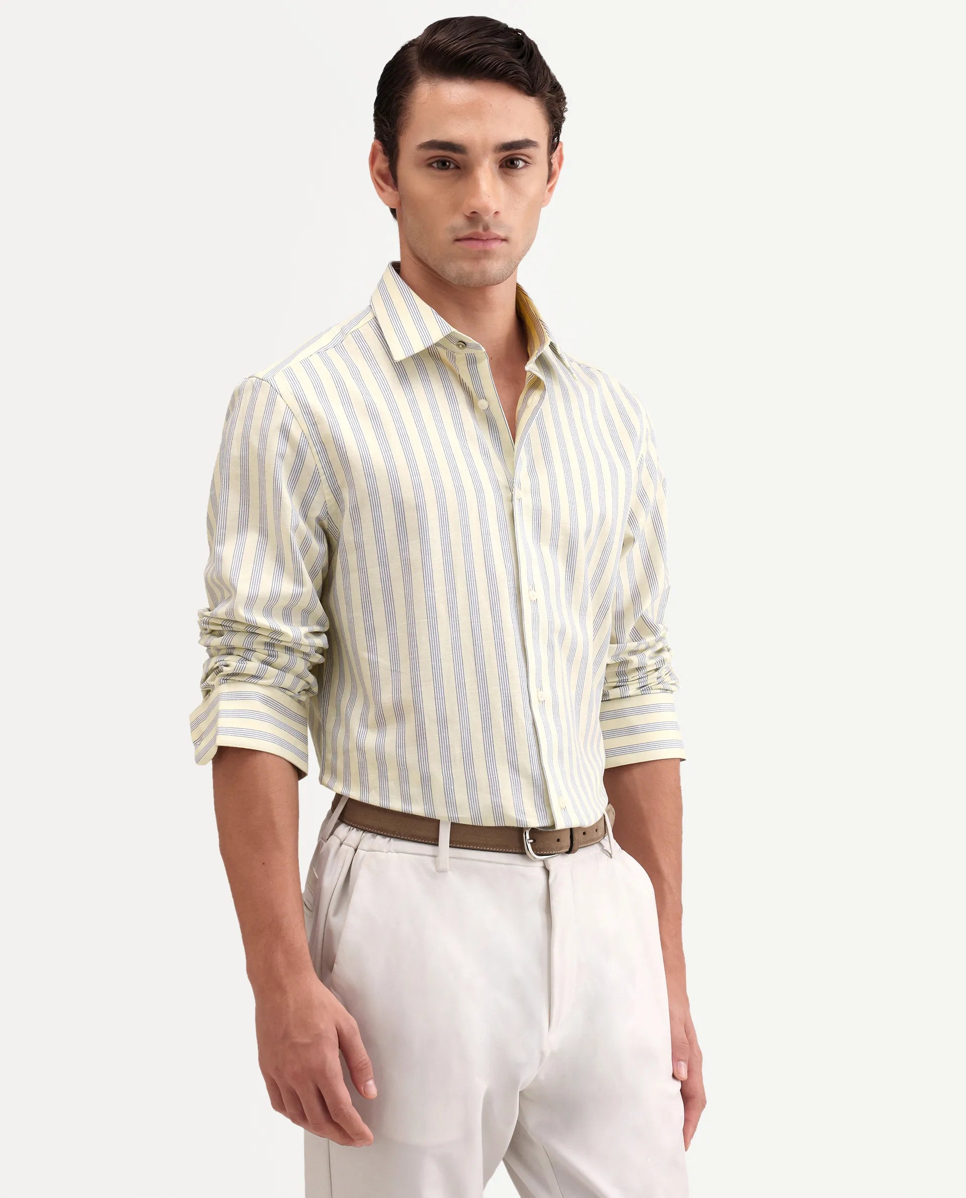 Rare Rabbit Men's Lexab Yellow Cotton Fabric Full Sleeve Spread Collar Button Regular Striped Shirt