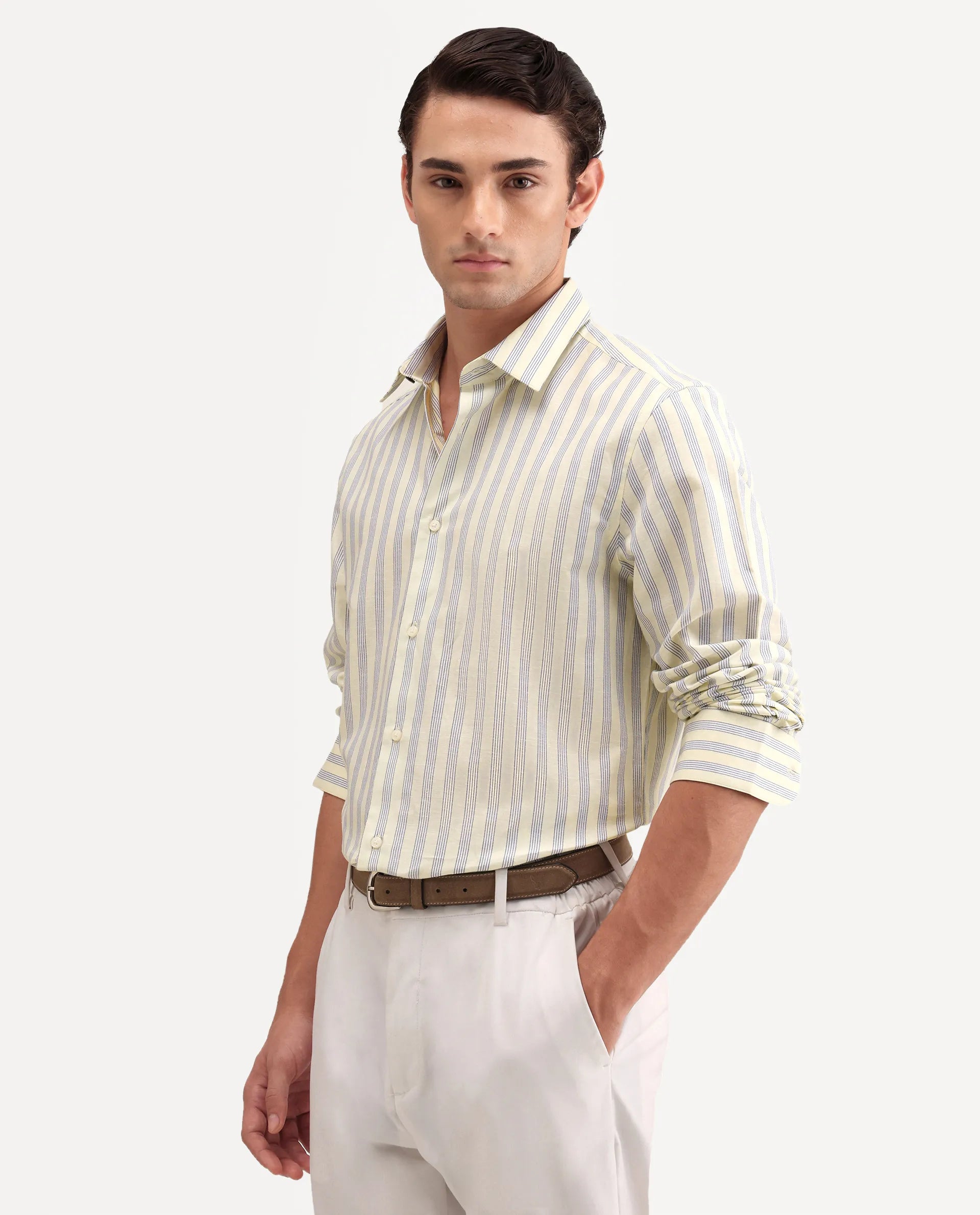Rare Rabbit Men's Lexab Yellow Cotton Fabric Full Sleeve Spread Collar Button Regular Striped Shirt