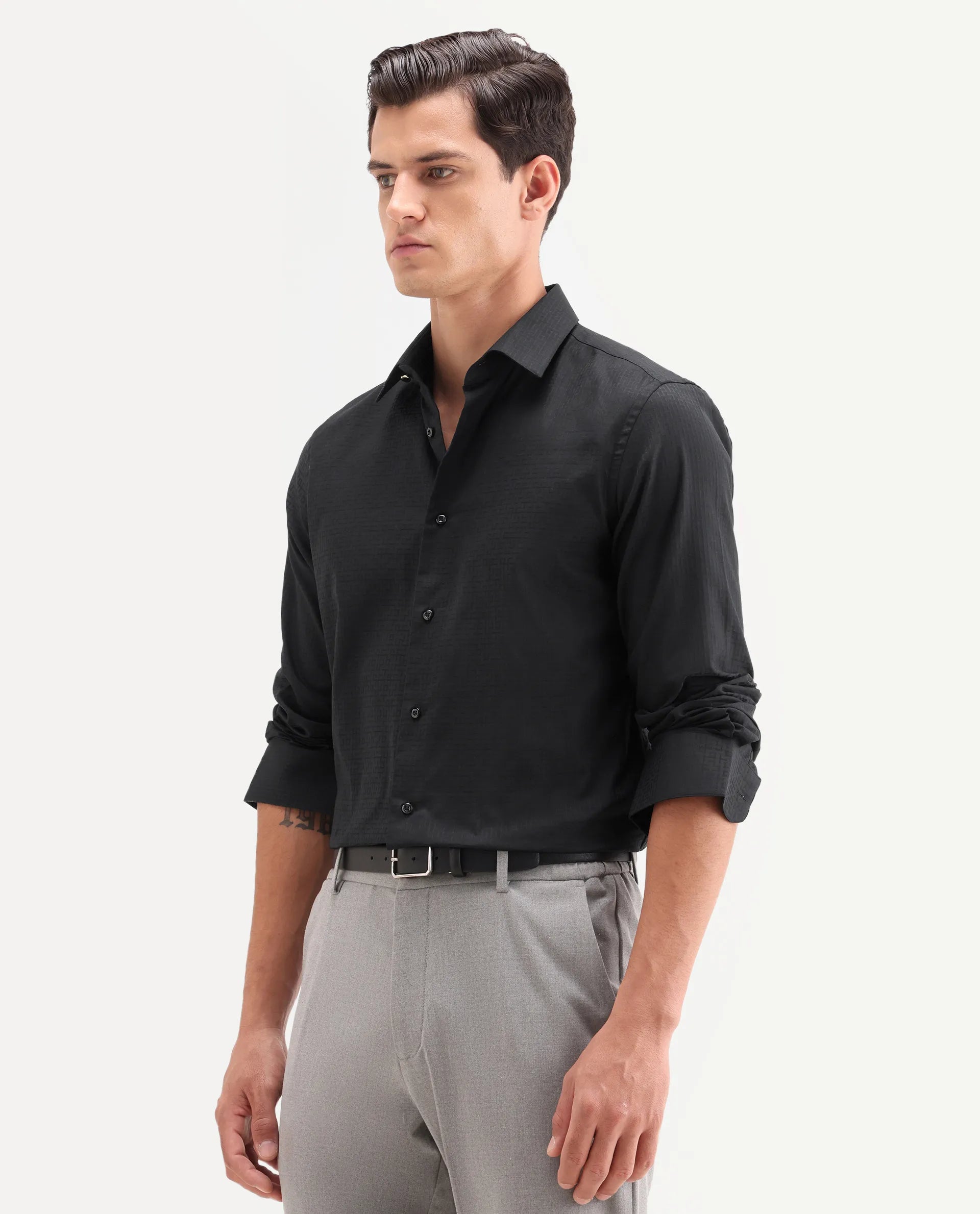 Rare Rabbit Men's Quard Black Cotton Fabric Full Sleeve Spread Collar Button Regular Textured Shirt