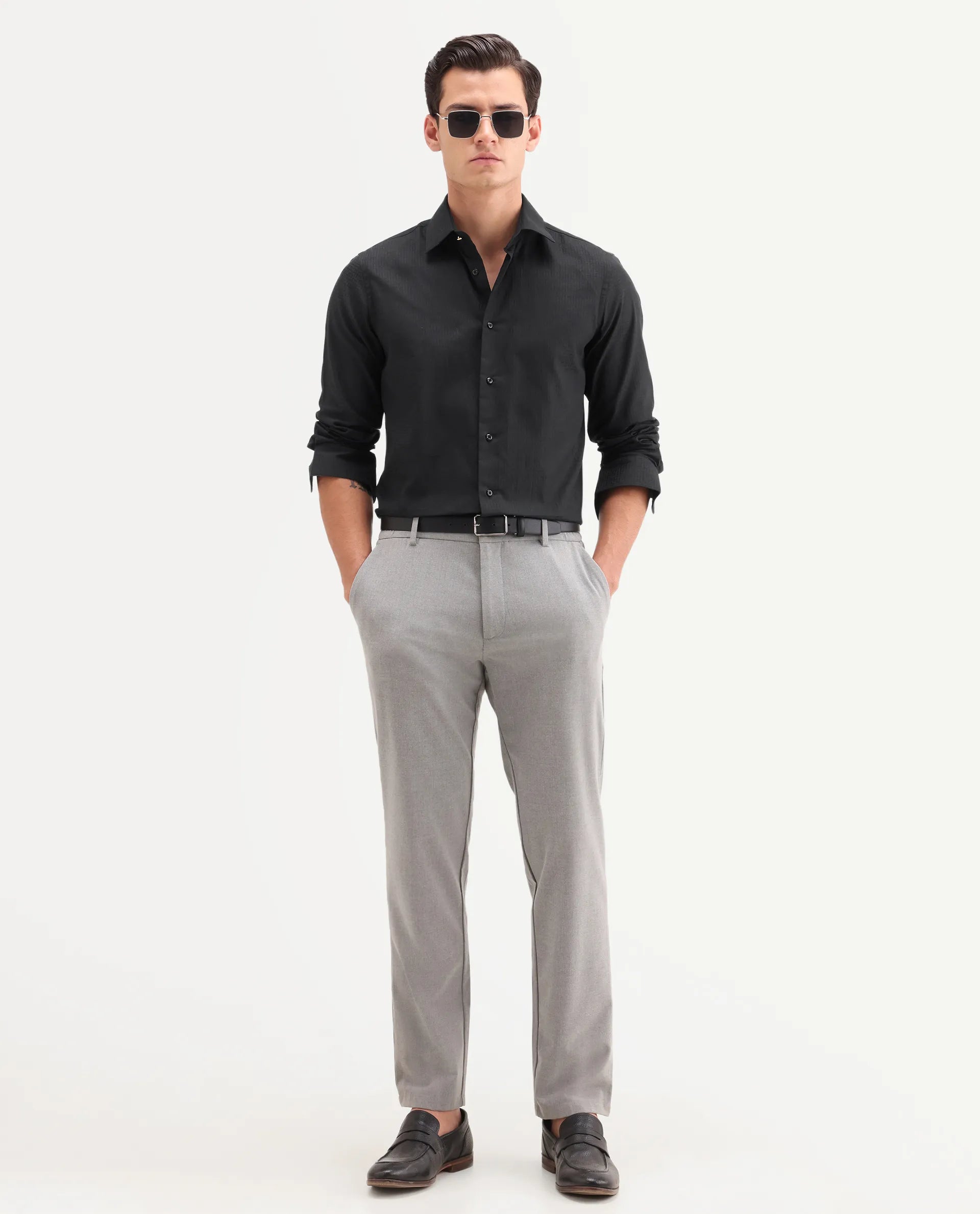 Rare Rabbit Men's Quard Black Cotton Fabric Full Sleeve Spread Collar Button Regular Textured Shirt